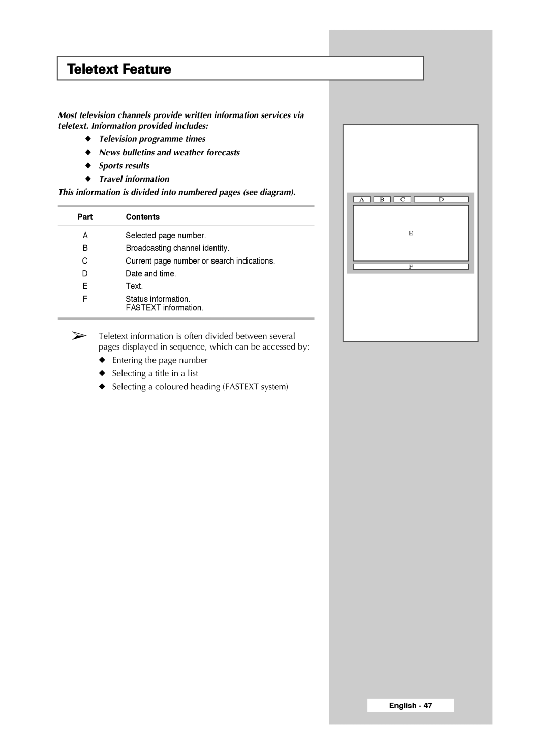 Samsung SP50L7HX, SP56L7HX manual Teletext Feature, Part Contents 