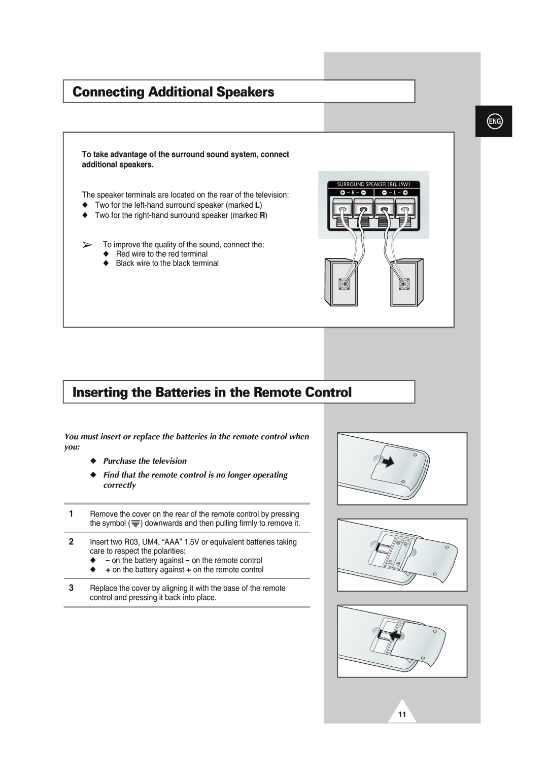 Samsung SP43L2HX, SP61L2HX, SP50L2HX, SP46L5HX Connecting Additional Speakers, Inserting the Batteries in the Remote Control 