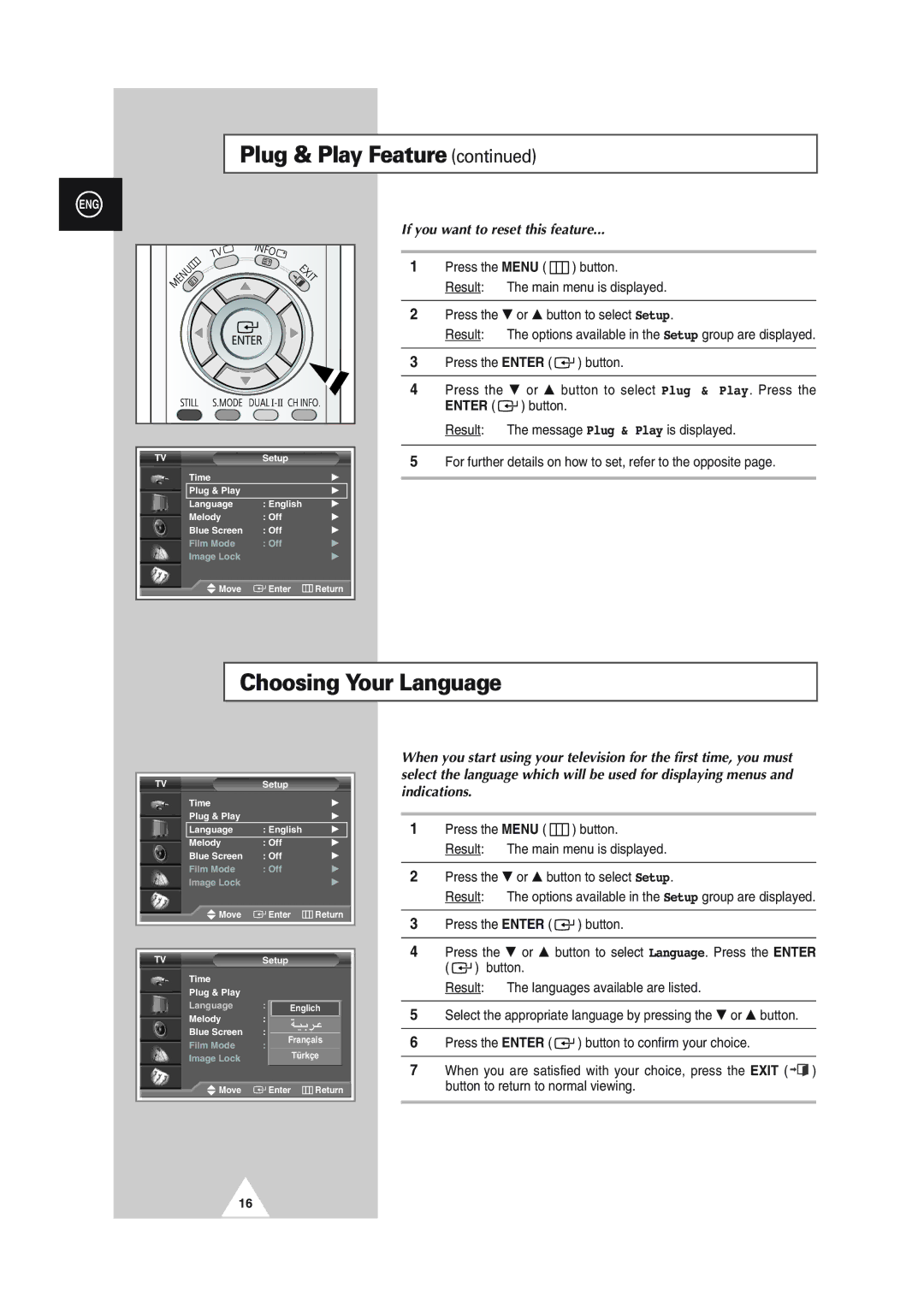 Samsung SP43L2HX, SP61L2HX, SP50L2HX, SP46L5HX, SP56L5HX manual Choosing Your Language, If you want to reset this feature 