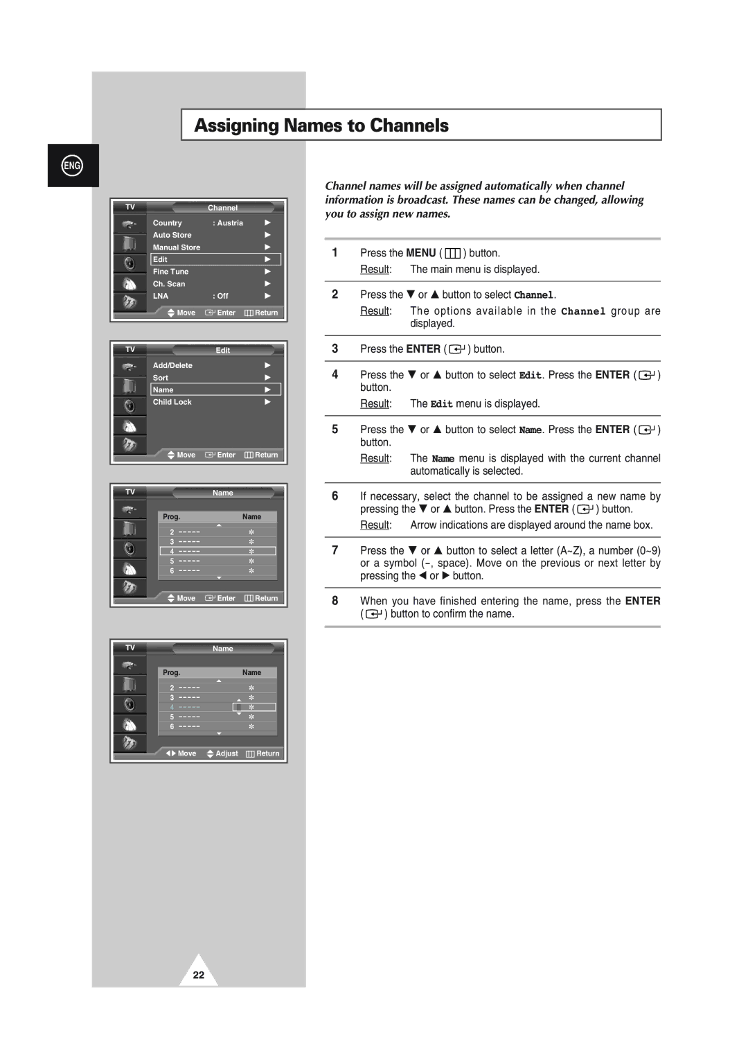 Samsung SP50L2HX, SP61L2HX, SP43L2HX, SP46L5HX, SP56L5HX manual Assigning Names to Channels 