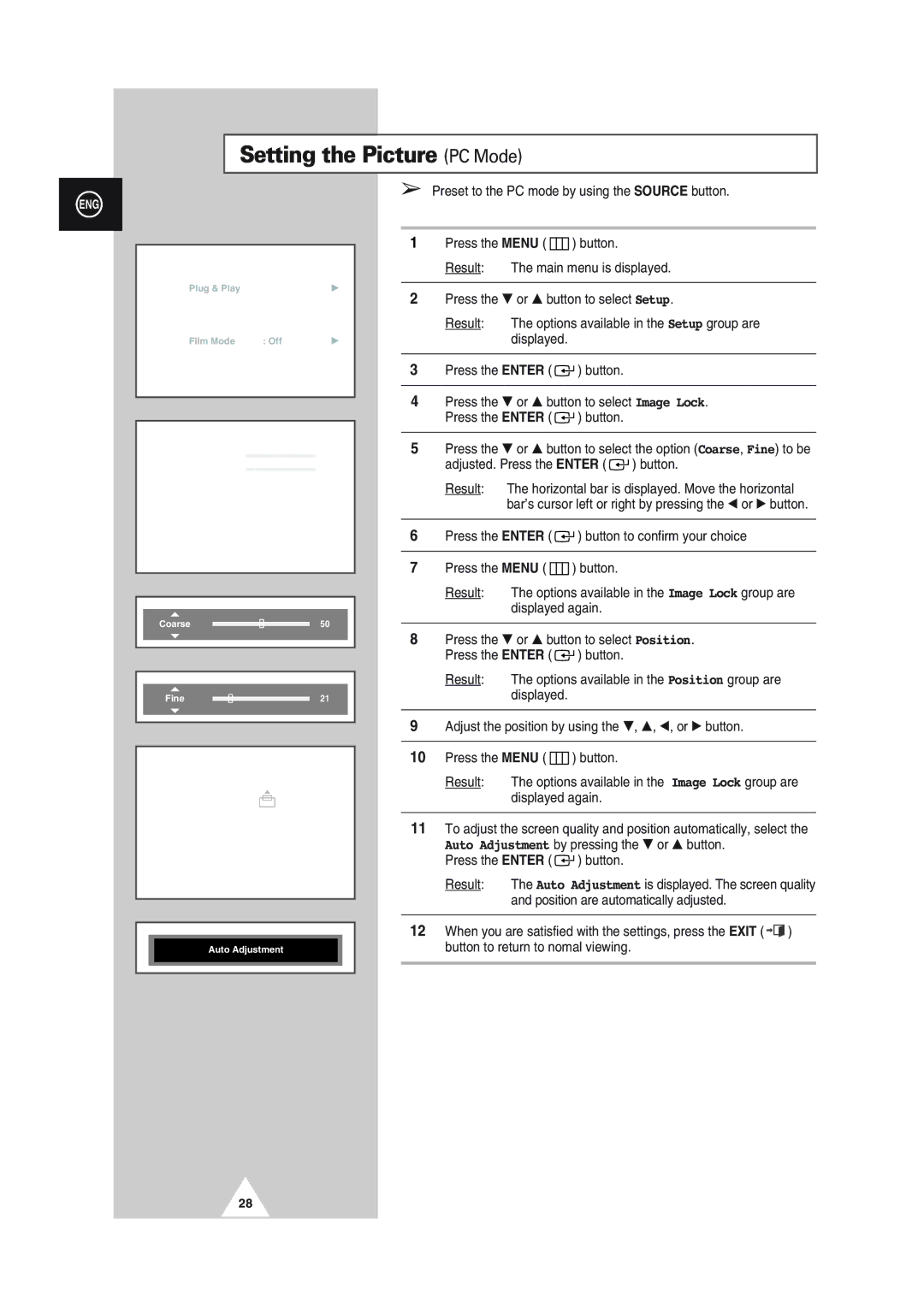 Samsung SP46L5HX, SP61L2HX, SP43L2HX, SP50L2HX, SP56L5HX manual Setting the Picture PC Mode 