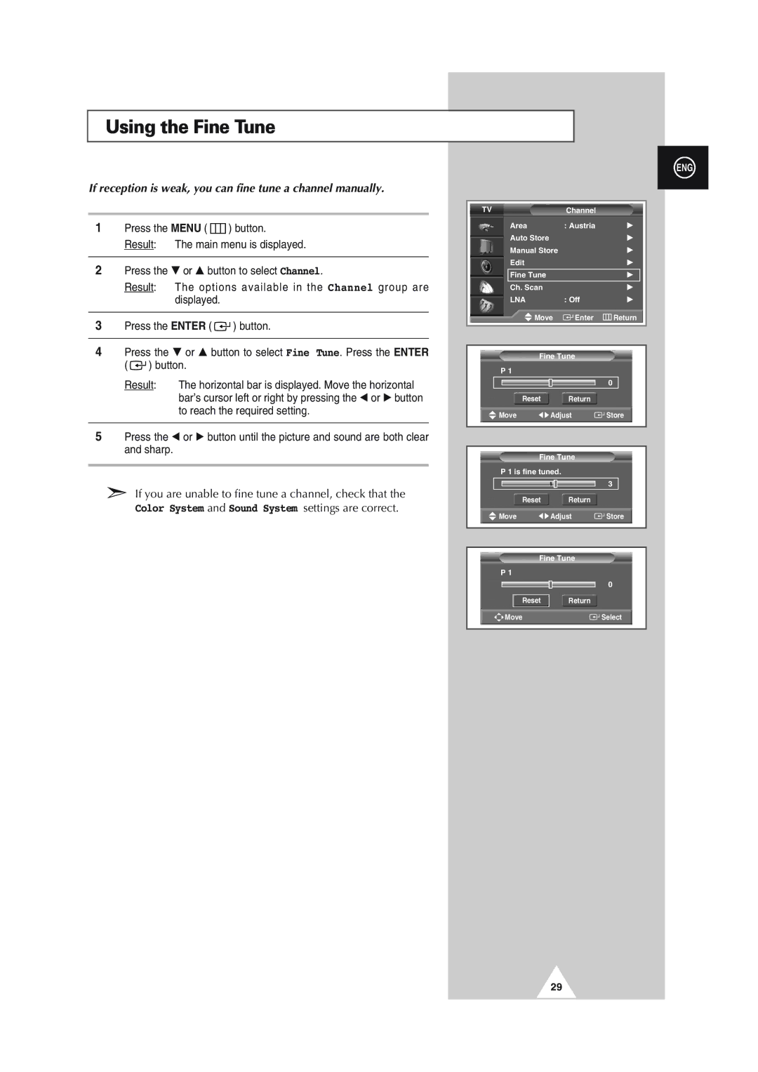 Samsung SP56L5HX, SP61L2HX, SP43L2HX Using the Fine Tune, If reception is weak, you can fine tune a channel manually 