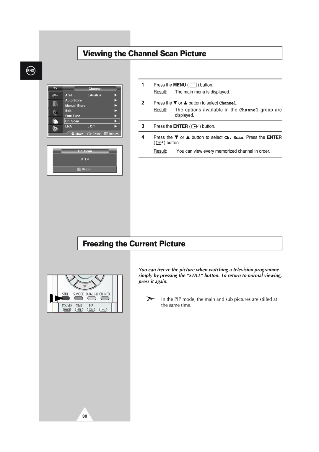 Samsung SP61L2HX, SP43L2HX, SP50L2HX, SP46L5HX, SP56L5HX manual Viewing the Channel Scan Picture, Freezing the Current Picture 