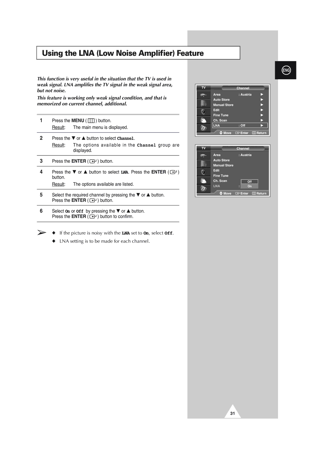 Samsung SP43L2HX, SP61L2HX, SP50L2HX, SP46L5HX, SP56L5HX manual Using the LNA Low Noise Amplifier Feature 