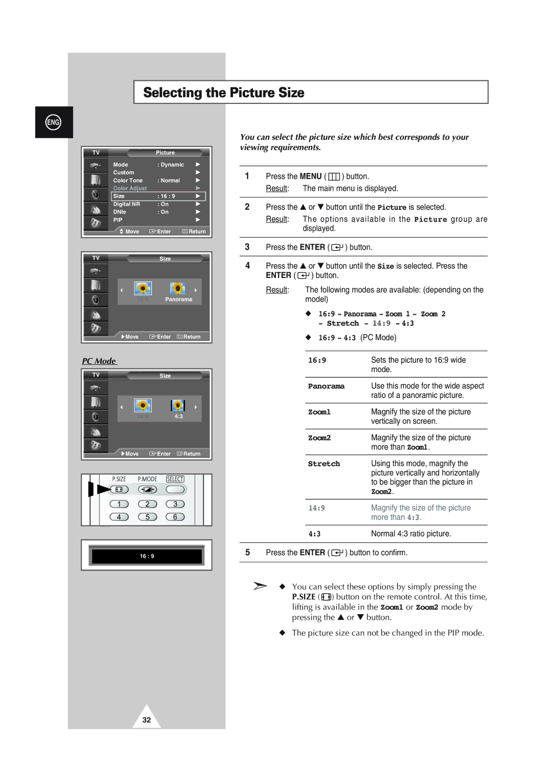 Samsung SP50L2HX, SP61L2HX, SP43L2HX, SP46L5HX, SP56L5HX manual Selecting the Picture Size 