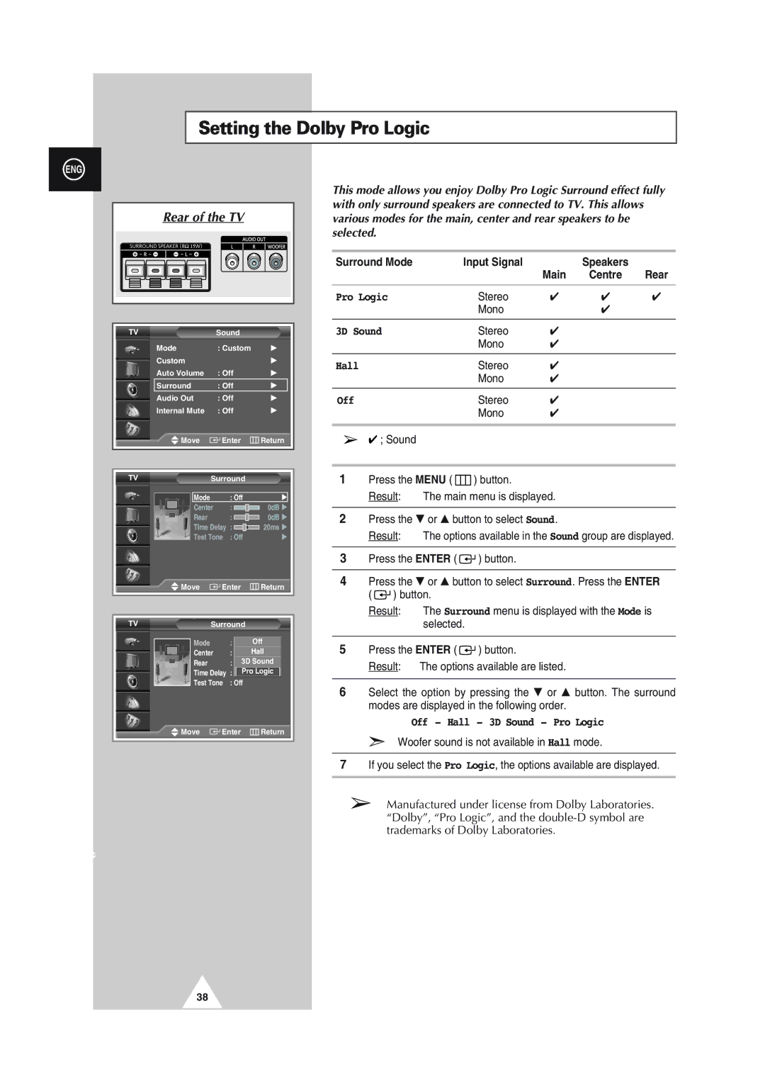 Samsung SP46L5HX, SP61L2HX, SP43L2HX, SP50L2HX, SP56L5HX manual Off Hall 3D Sound Pro Logic 