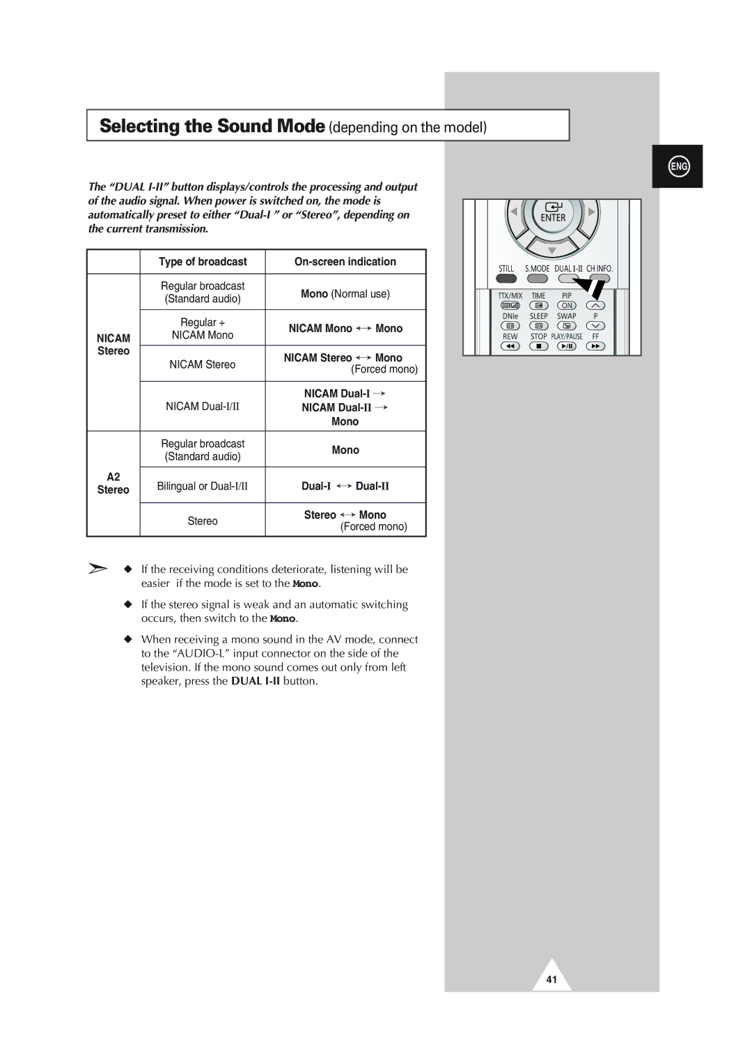 Samsung SP43L2HX, SP61L2HX, SP50L2HX, SP46L5HX, SP56L5HX manual Selecting the Sound Mode depending on the model 