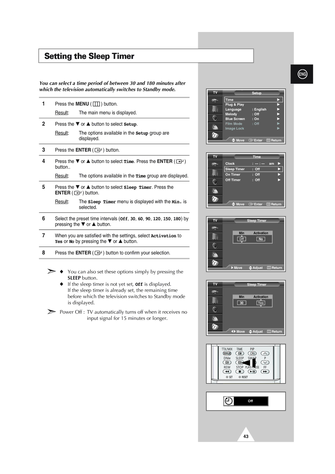 Samsung SP46L5HX, SP61L2HX, SP43L2HX, SP50L2HX, SP56L5HX manual Setting the Sleep Timer 