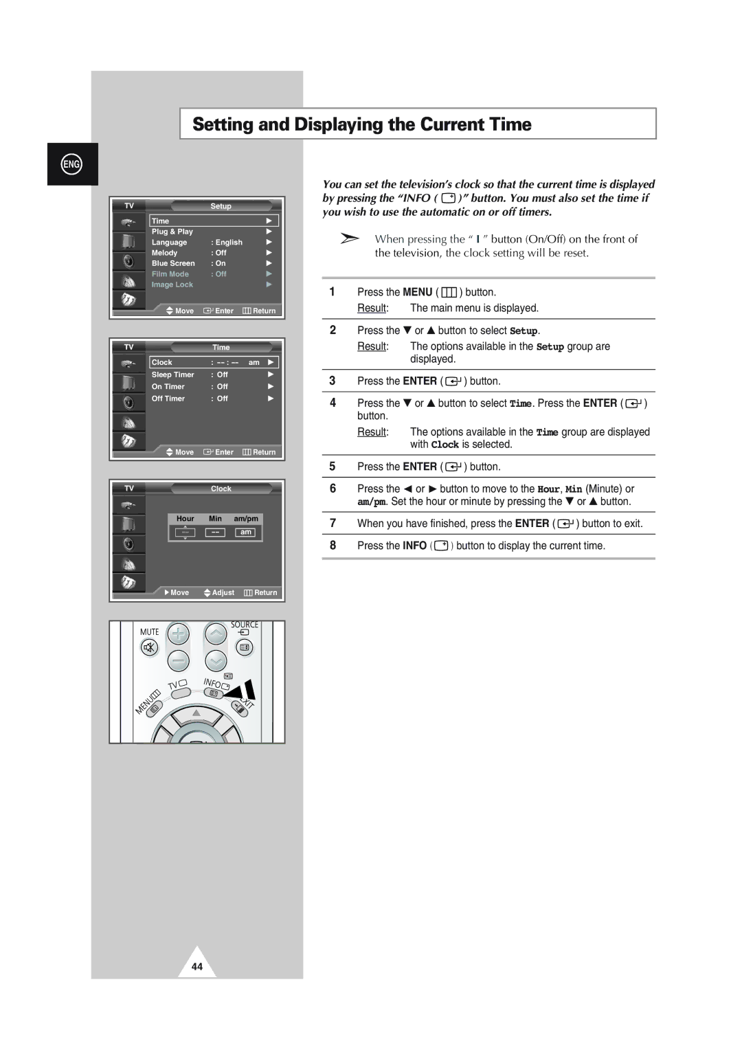 Samsung SP56L5HX, SP61L2HX, SP43L2HX, SP50L2HX, SP46L5HX manual Setting and Displaying the Current Time 