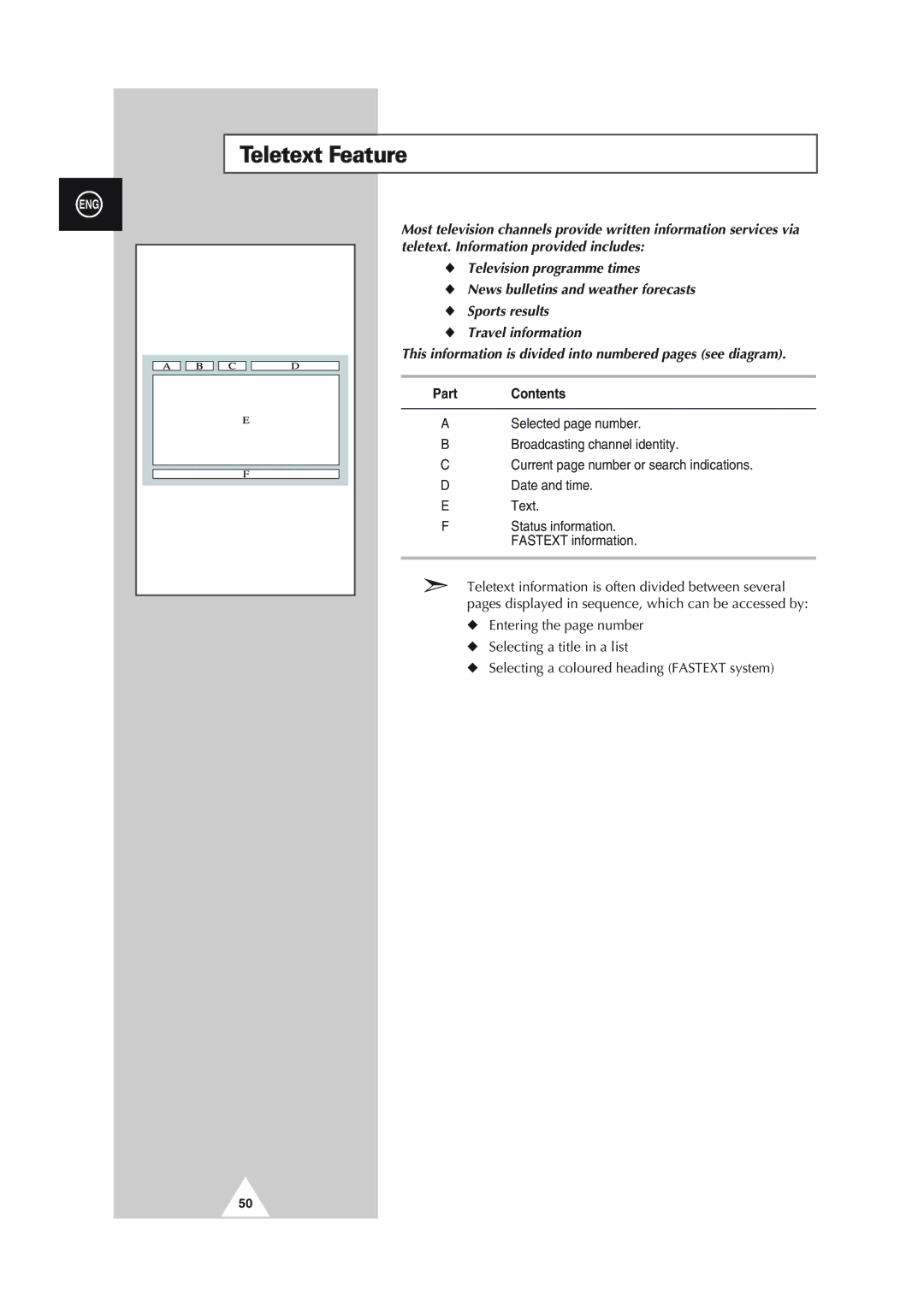 Samsung SP61L2HX, SP43L2HX, SP50L2HX, SP46L5HX, SP56L5HX manual Teletext Feature, Contents 