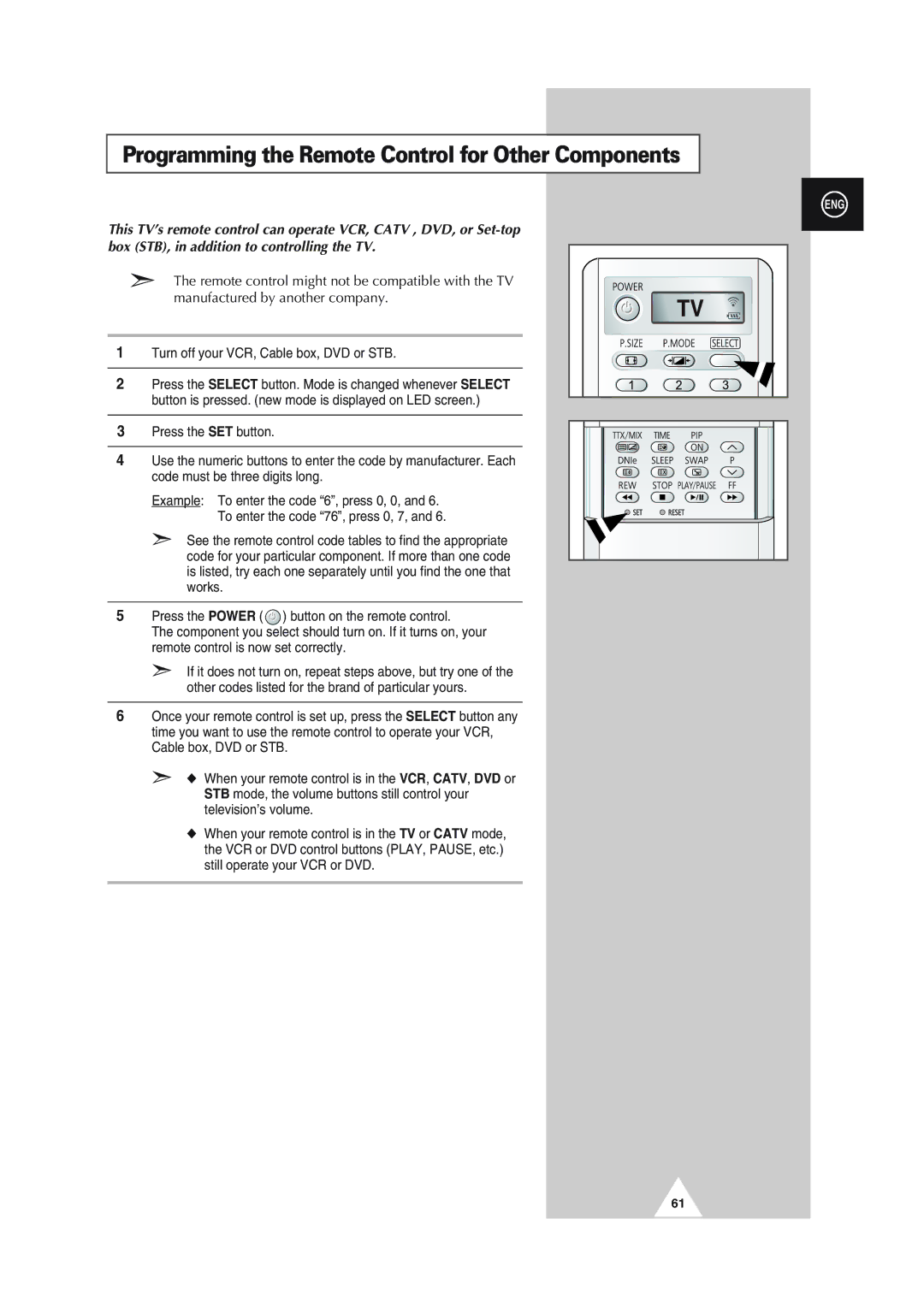 Samsung SP43L2HX, SP61L2HX, SP50L2HX, SP46L5HX, SP56L5HX manual Programming the Remote Control for Other Components 