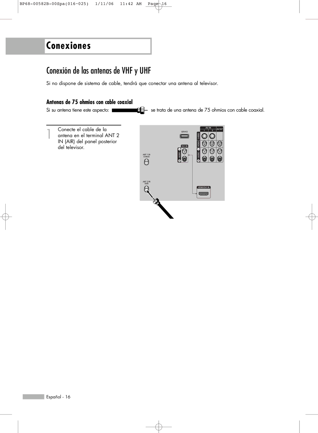 Samsung SP56L6HN, SP61L6HN, SP50L6HN, SP42L6HN, SP46L6HN manual Conexiones, Conexión de las antenas de VHF y UHF 