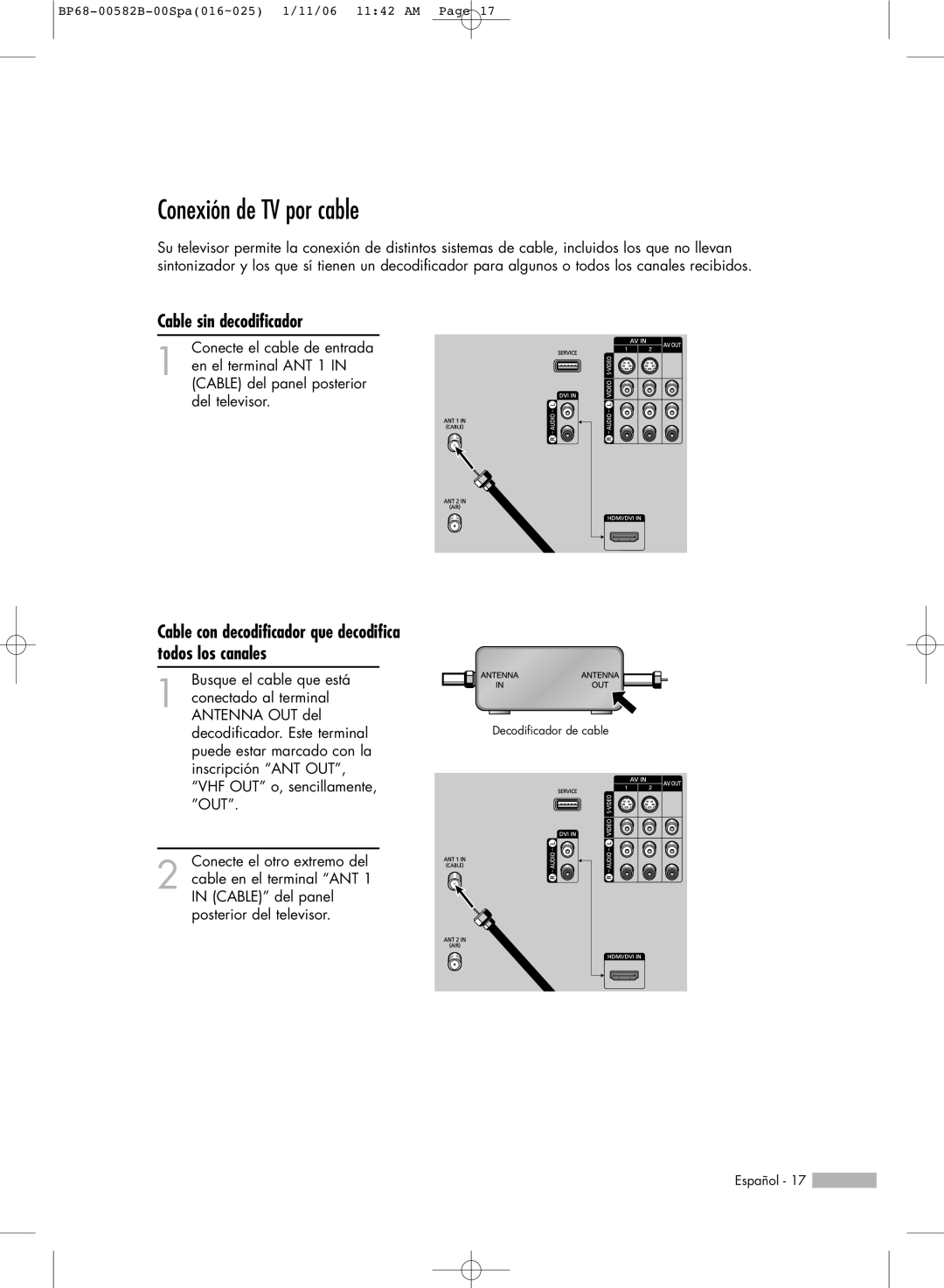 Samsung SP50L6HN, SP61L6HN, SP56L6HN, SP42L6HN, SP46L6HN manual Conexión de TV por cable, Cable sin decodificador 