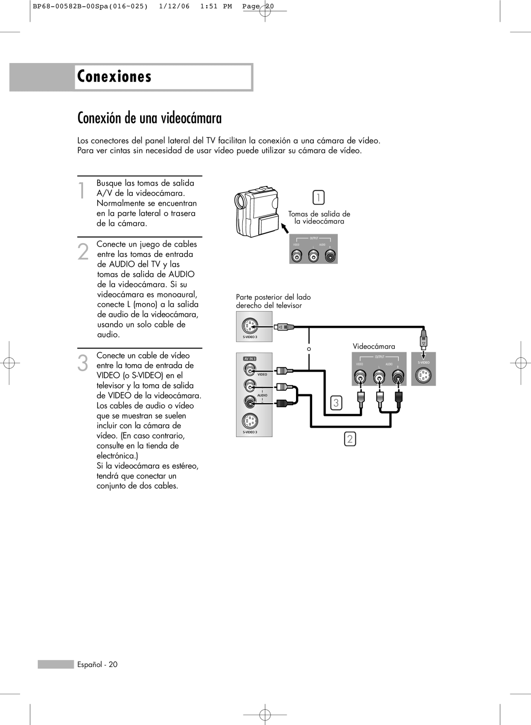 Samsung SP61L6HN, SP56L6HN, SP50L6HN, SP42L6HN, SP46L6HN manual Conexión de una videocámara 