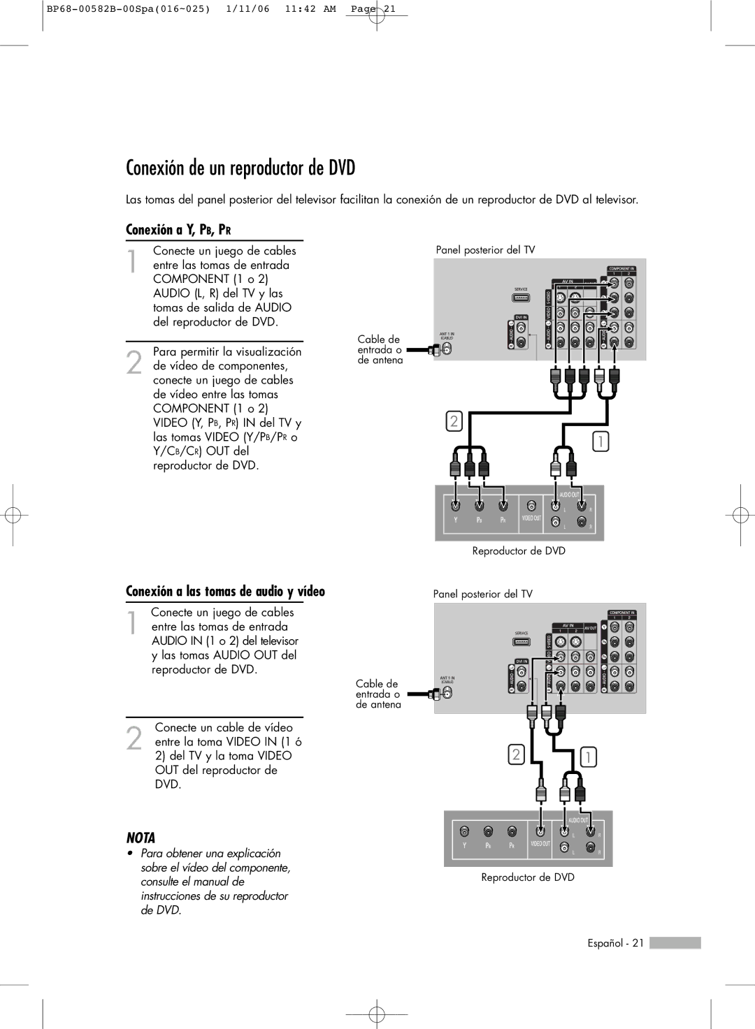 Samsung SP56L6HN, SP61L6HN, SP50L6HN, SP42L6HN, SP46L6HN manual Conexión a Y, PB, PR, Conexión a las tomas de audio y vídeo 