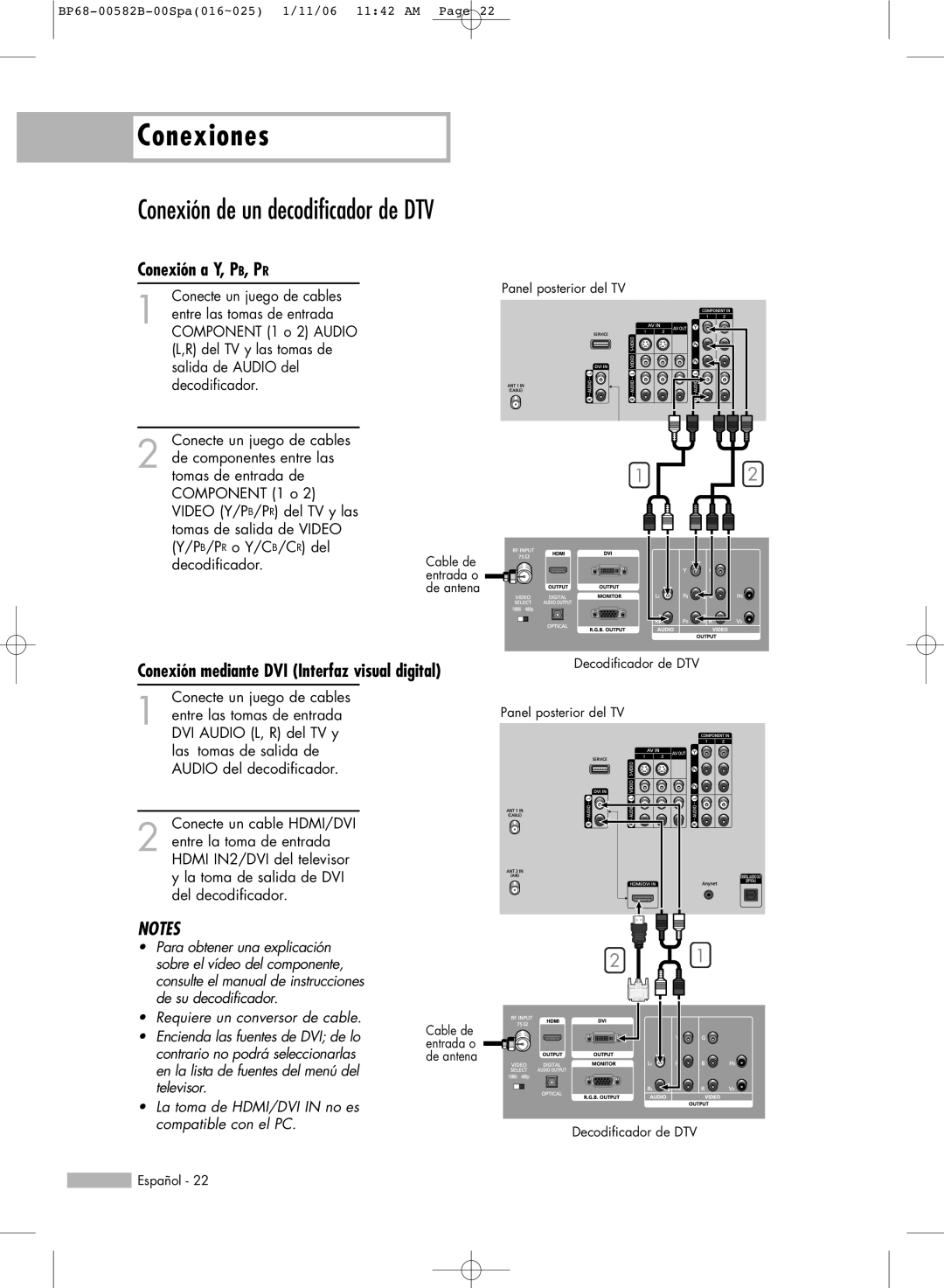 Samsung SP50L6HN, SP61L6HN, SP56L6HN Conexión de un decodificador de DTV, Conexión mediante DVI Interfaz visual digital 