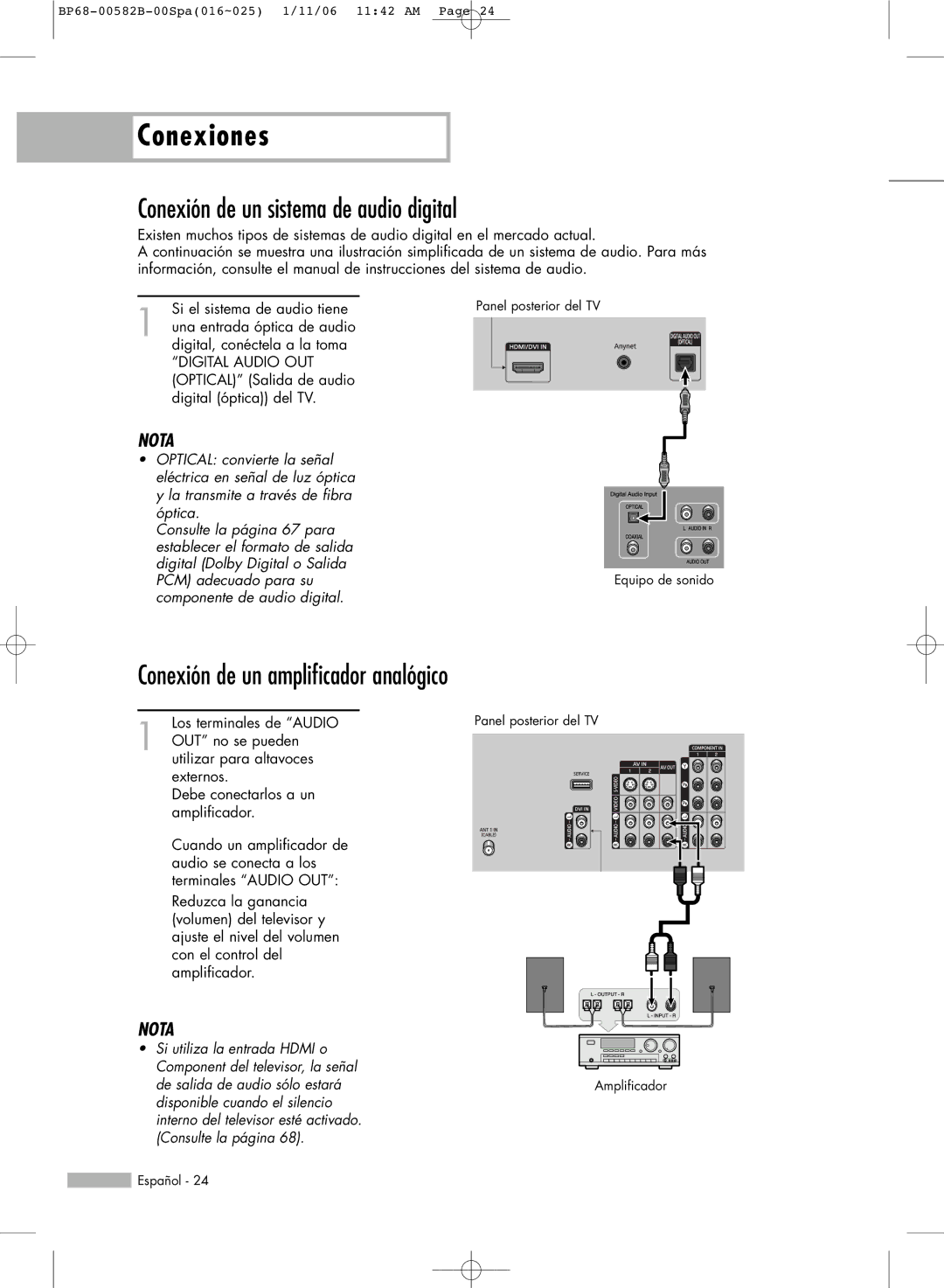 Samsung SP46L6HN, SP61L6HN, SP56L6HN manual Conexión de un sistema de audio digital, Conexión de un amplificador analógico 