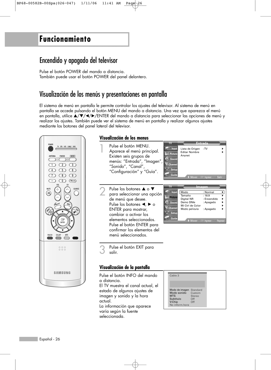 Samsung SP56L6HN, SP61L6HN, SP50L6HN, SP42L6HN Funcionamiento, Encendido y apagado del televisor, Visualización de los menus 