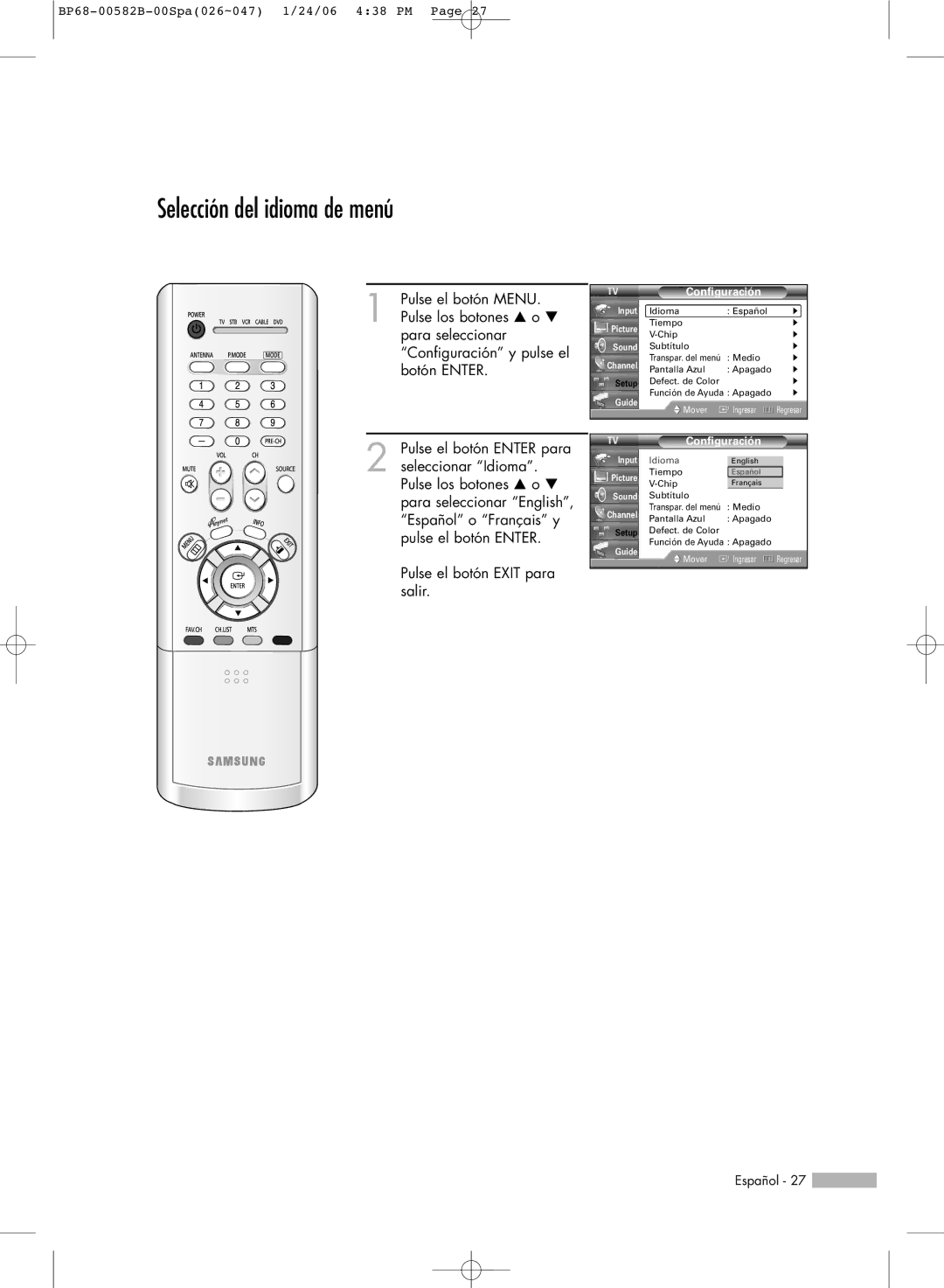 Samsung SP50L6HN, SP61L6HN, SP56L6HN, SP42L6HN, SP46L6HN manual Selección del idioma de menú, Configuración 