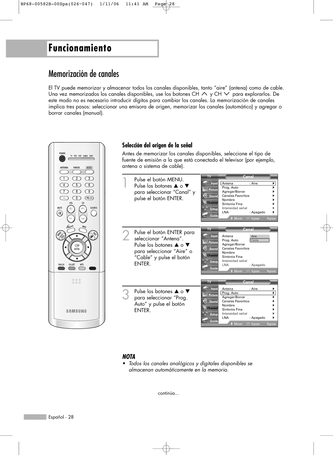 Samsung SP42L6HN, SP61L6HN, SP56L6HN, SP50L6HN, SP46L6HN Memorización de canales, Selección del origen de la señal, Canal 