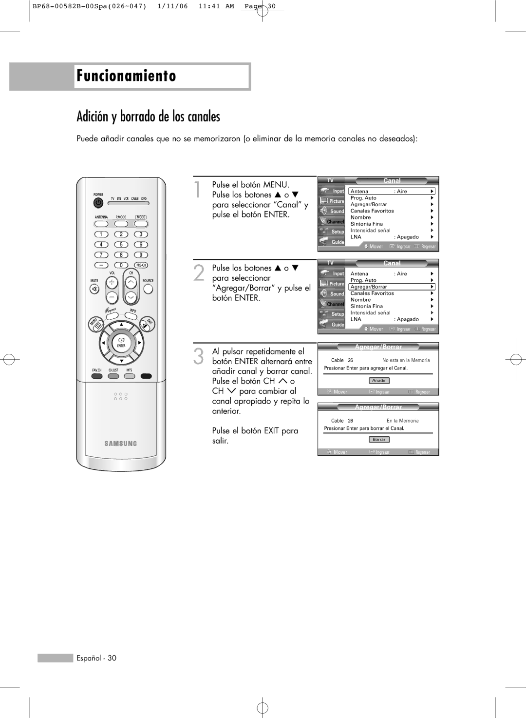 Samsung SP61L6HN, SP56L6HN, SP50L6HN, SP42L6HN, SP46L6HN manual Adición y borrado de los canales, Agregar/Borrar 