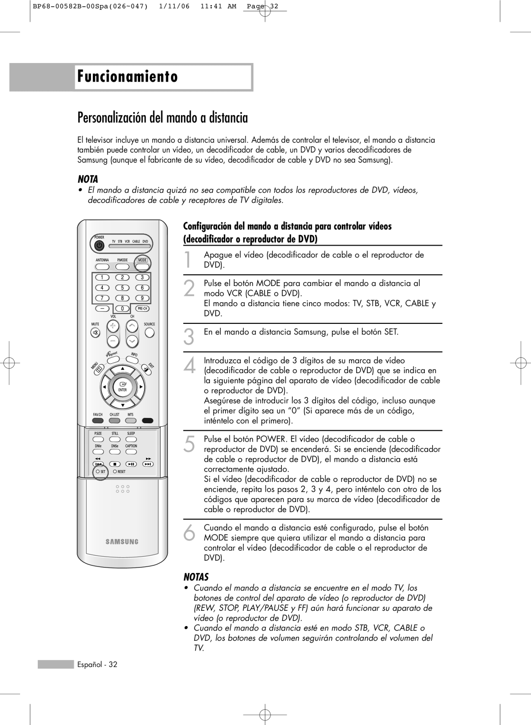 Samsung SP50L6HN, SP61L6HN, SP56L6HN, SP42L6HN, SP46L6HN manual Personalización del mando a distancia, Dvd 