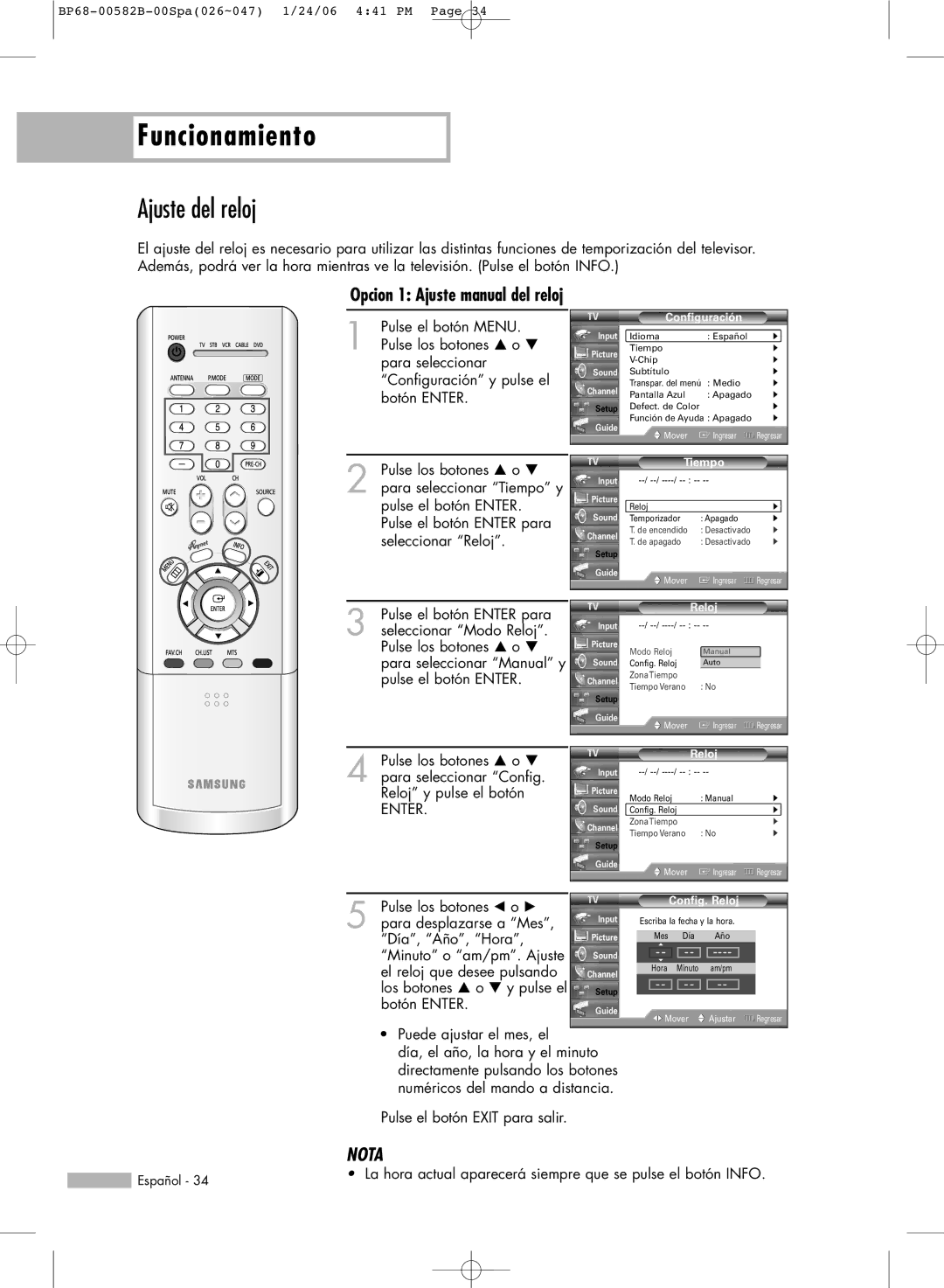 Samsung SP46L6HN, SP61L6HN, SP56L6HN, SP50L6HN, SP42L6HN Ajuste del reloj, Opcion 1 Ajuste manual del reloj 