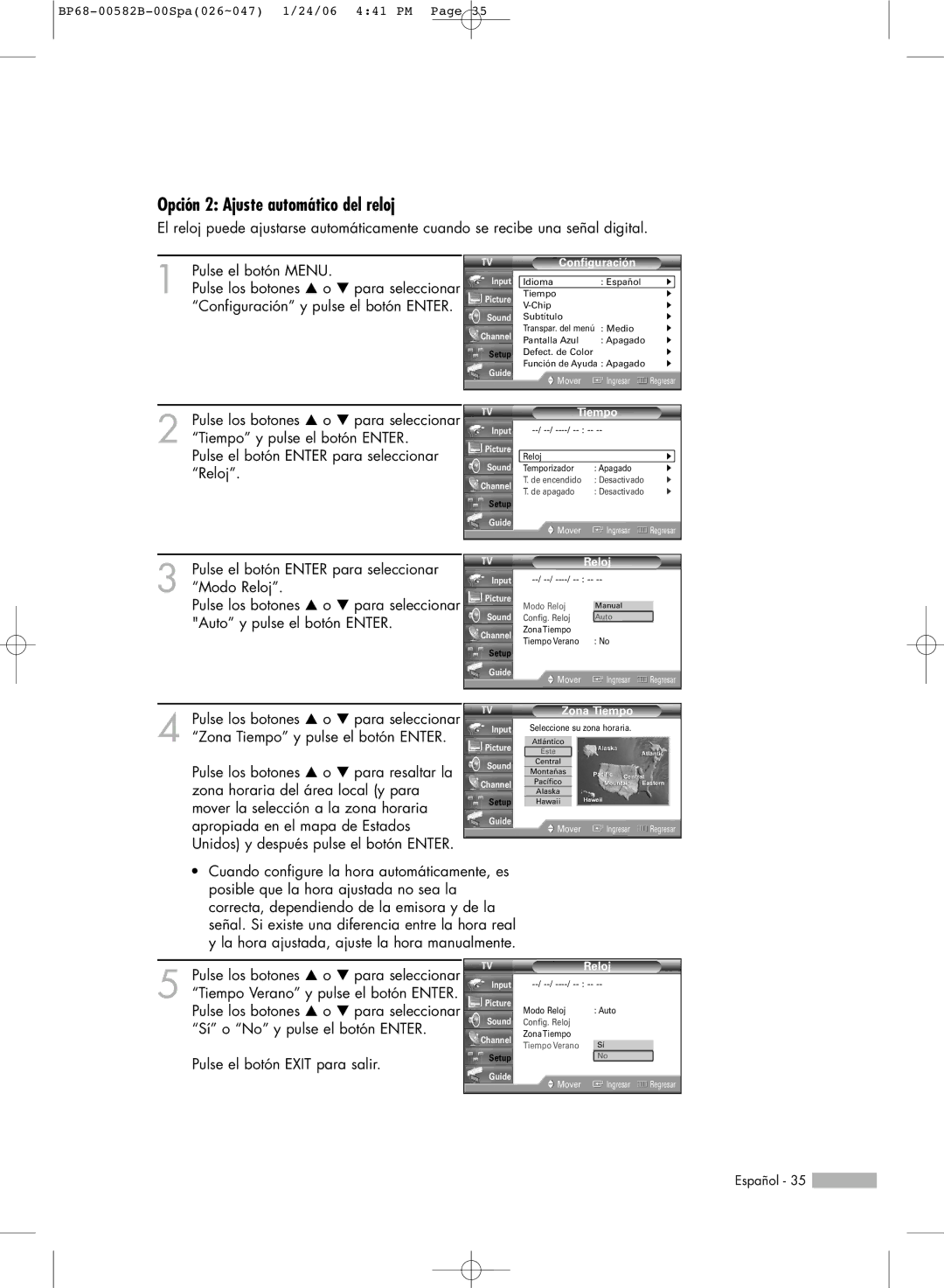 Samsung SP61L6HN, SP56L6HN, SP50L6HN, SP42L6HN, SP46L6HN manual Opción 2 Ajuste automático del reloj, Reloj, Zona Tiempo 
