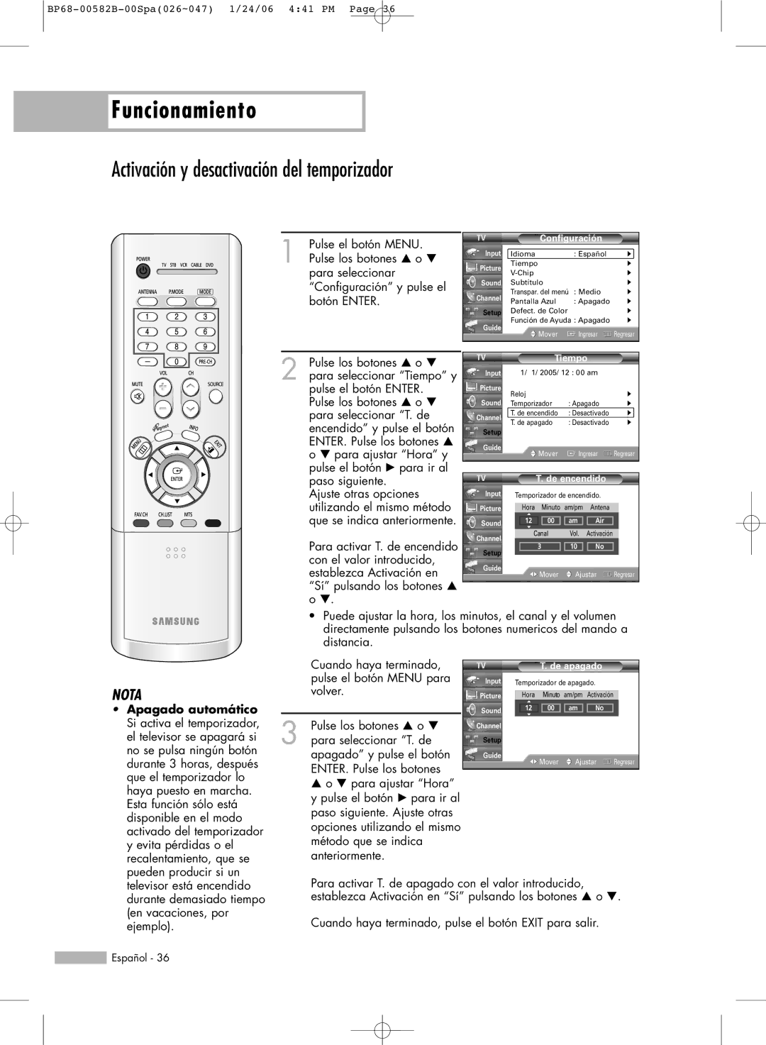 Samsung SP56L6HN, SP61L6HN, SP50L6HN, SP42L6HN manual Activación y desactivación del temporizador, De encendido, De apagado 