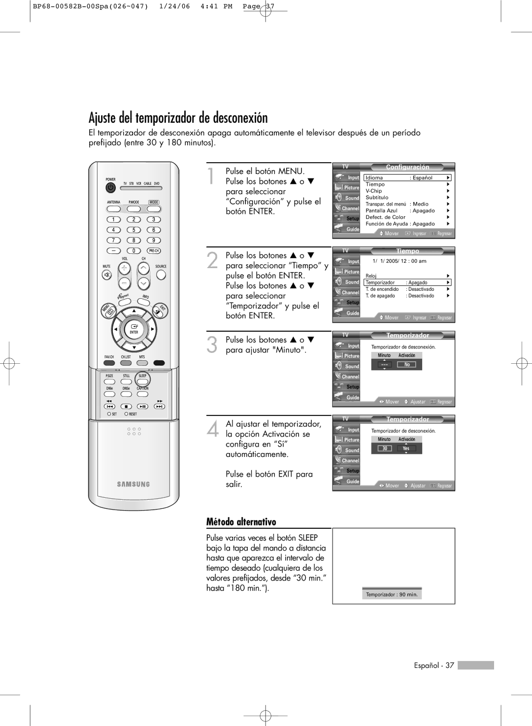 Samsung SP50L6HN, SP61L6HN, SP56L6HN, SP42L6HN manual Ajuste del temporizador de desconexión, Método alternativo, Temporizador 