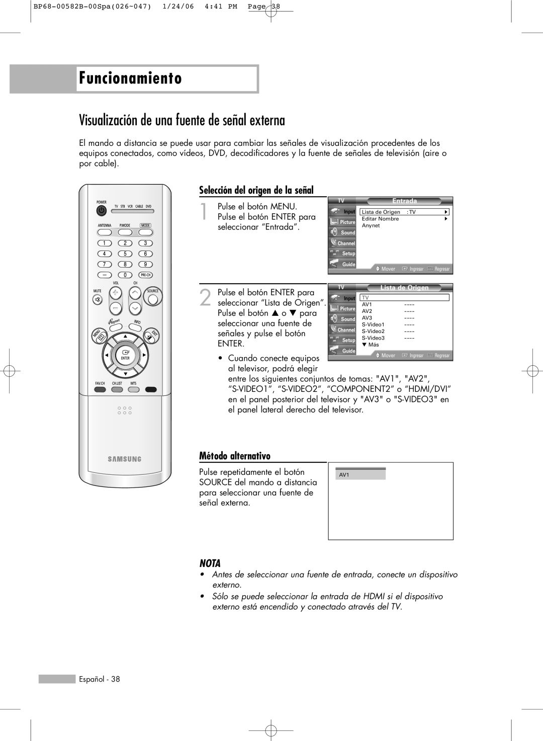 Samsung SP42L6HN, SP61L6HN, SP56L6HN, SP50L6HN, SP46L6HN manual Visualización de una fuente de señal externa, Lista de Origen 