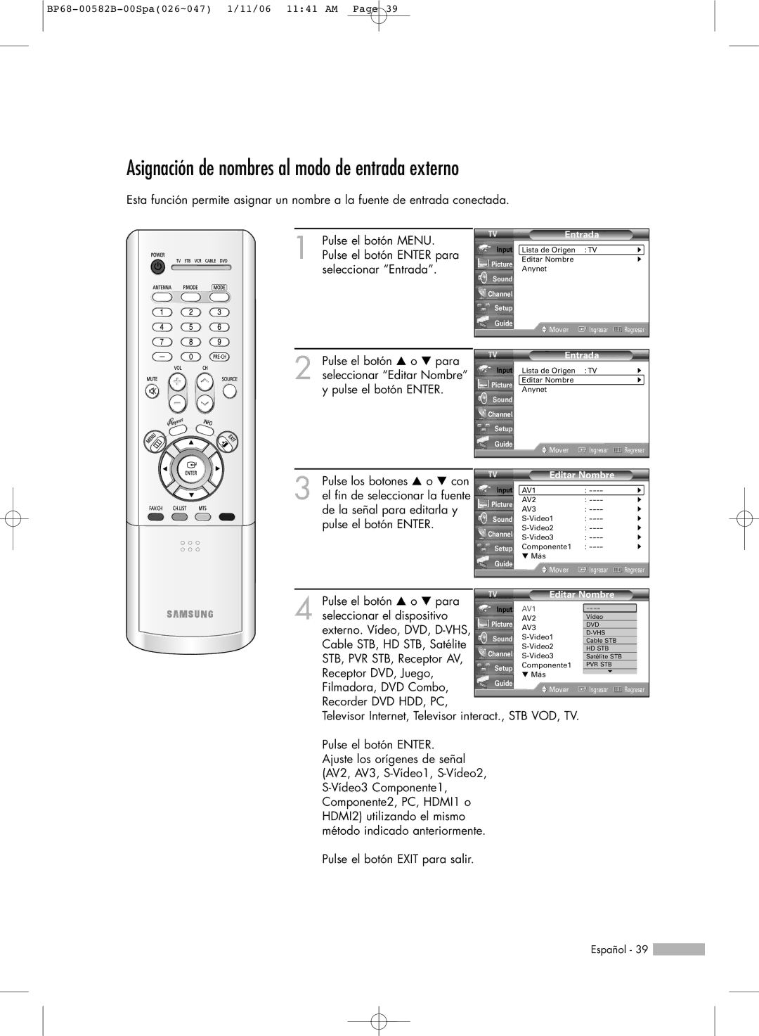 Samsung SP46L6HN, SP61L6HN, SP56L6HN, SP50L6HN, SP42L6HN manual Asignación de nombres al modo de entrada externo, Editar Nombre 