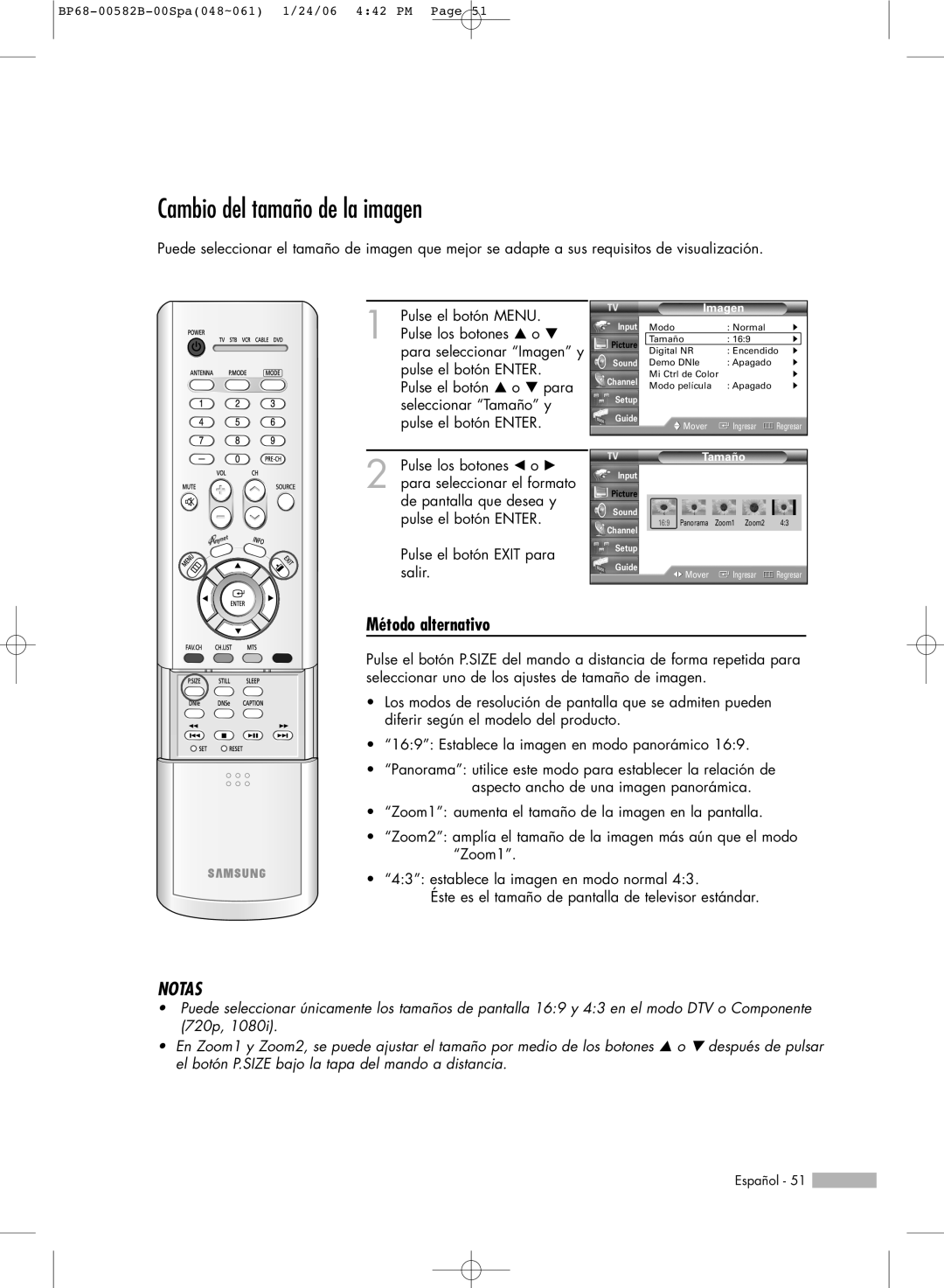 Samsung SP56L6HN, SP61L6HN, SP50L6HN, SP42L6HN, SP46L6HN manual Cambio del tamaño de la imagen, Tamaño 