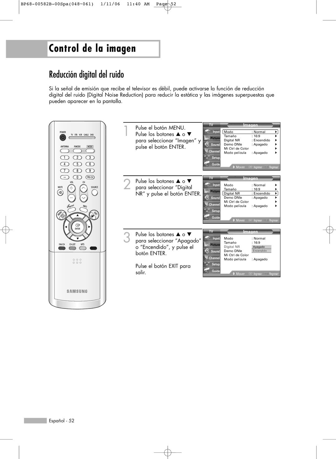 Samsung SP50L6HN, SP61L6HN, SP56L6HN, SP42L6HN, SP46L6HN manual Reducción digital del ruido 