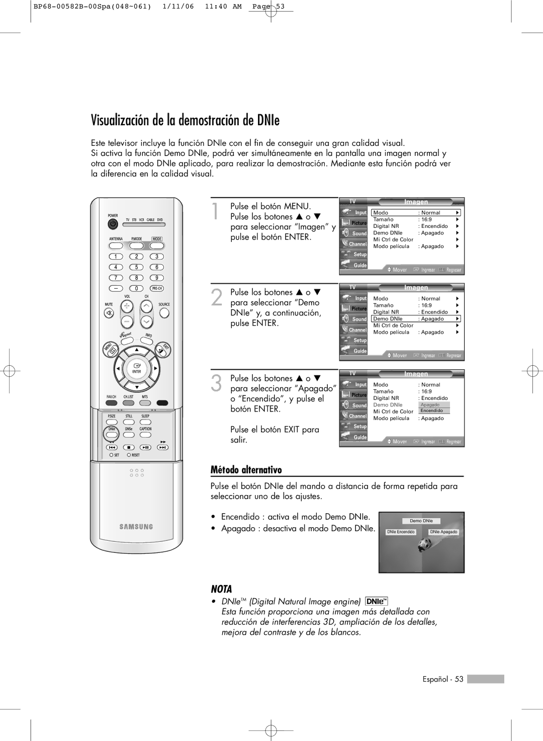 Samsung SP42L6HN, SP61L6HN, SP56L6HN, SP50L6HN, SP46L6HN manual Visualización de la demostración de DNIe 