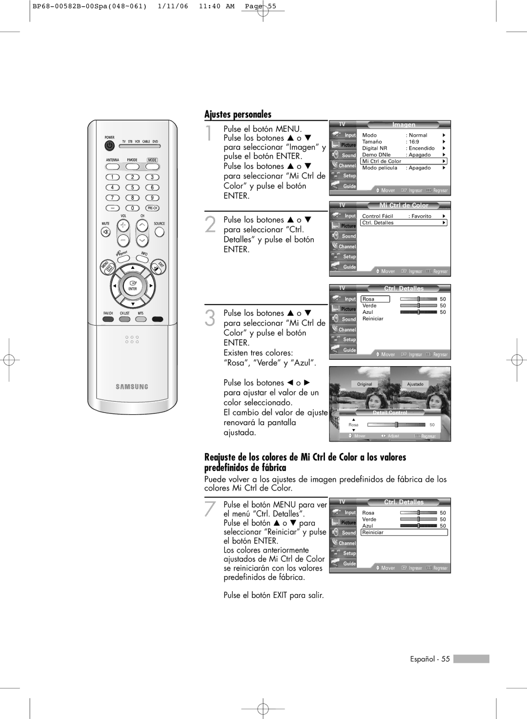 Samsung SP61L6HN, SP56L6HN, SP50L6HN, SP42L6HN, SP46L6HN manual Ajustes personales, Mi Ctrl de Color, Ctrl. Detalles 