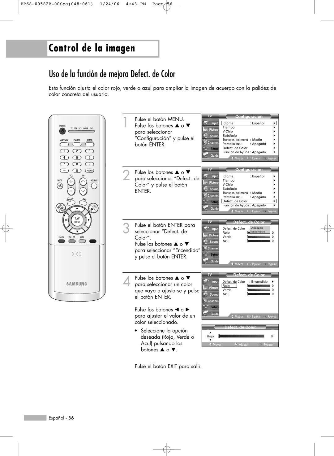 Samsung SP56L6HN, SP61L6HN, SP50L6HN, SP42L6HN, SP46L6HN manual Uso de la función de mejora Defect. de Color 