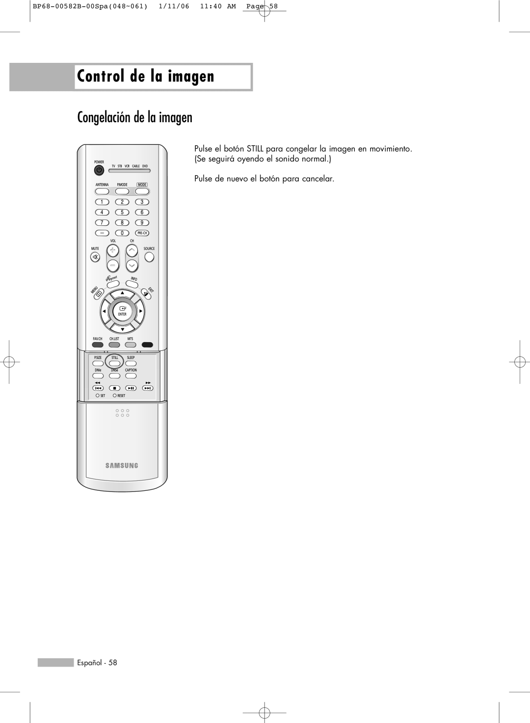 Samsung SP42L6HN, SP61L6HN, SP56L6HN, SP50L6HN, SP46L6HN manual Congelación de la imagen 