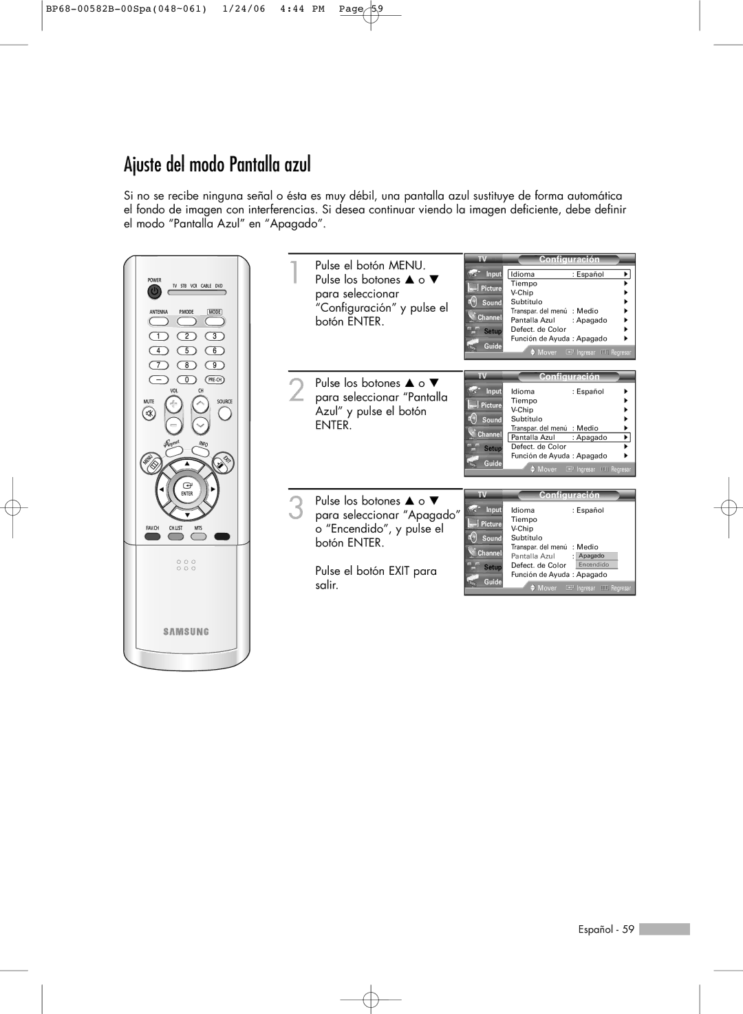 Samsung SP46L6HN, SP61L6HN, SP56L6HN, SP50L6HN, SP42L6HN manual Ajuste del modo Pantalla azul, Configuración 