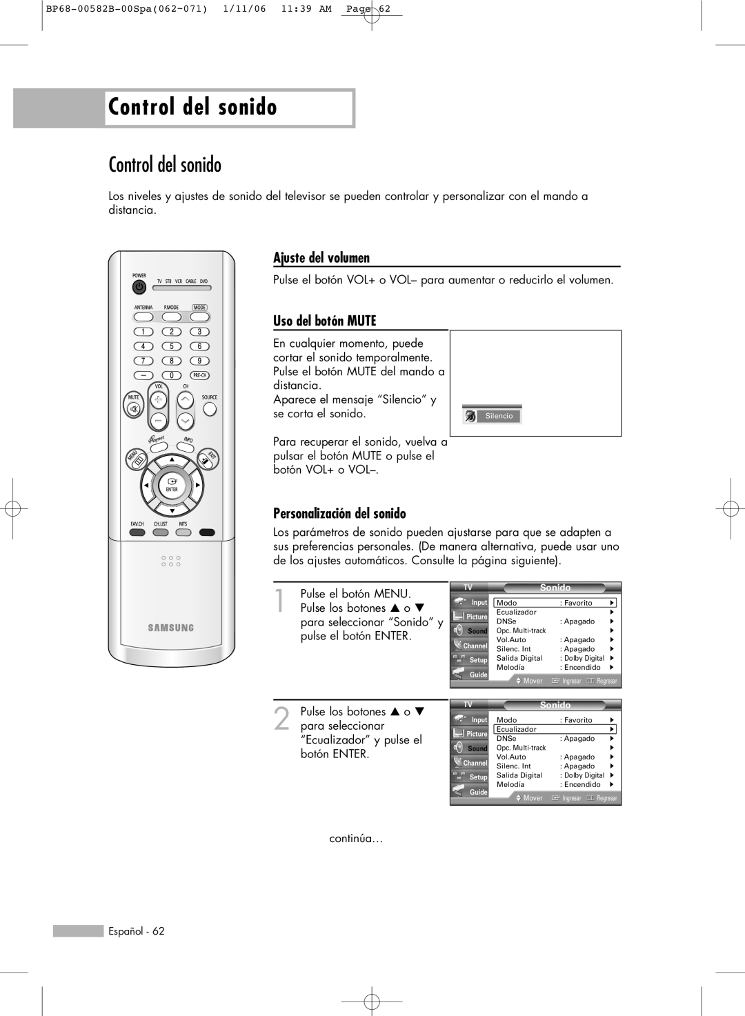 Samsung SP50L6HN, SP61L6HN, SP56L6HN Control del sonido, Ajuste del volumen, Uso del botón Mute, Personalización del sonido 