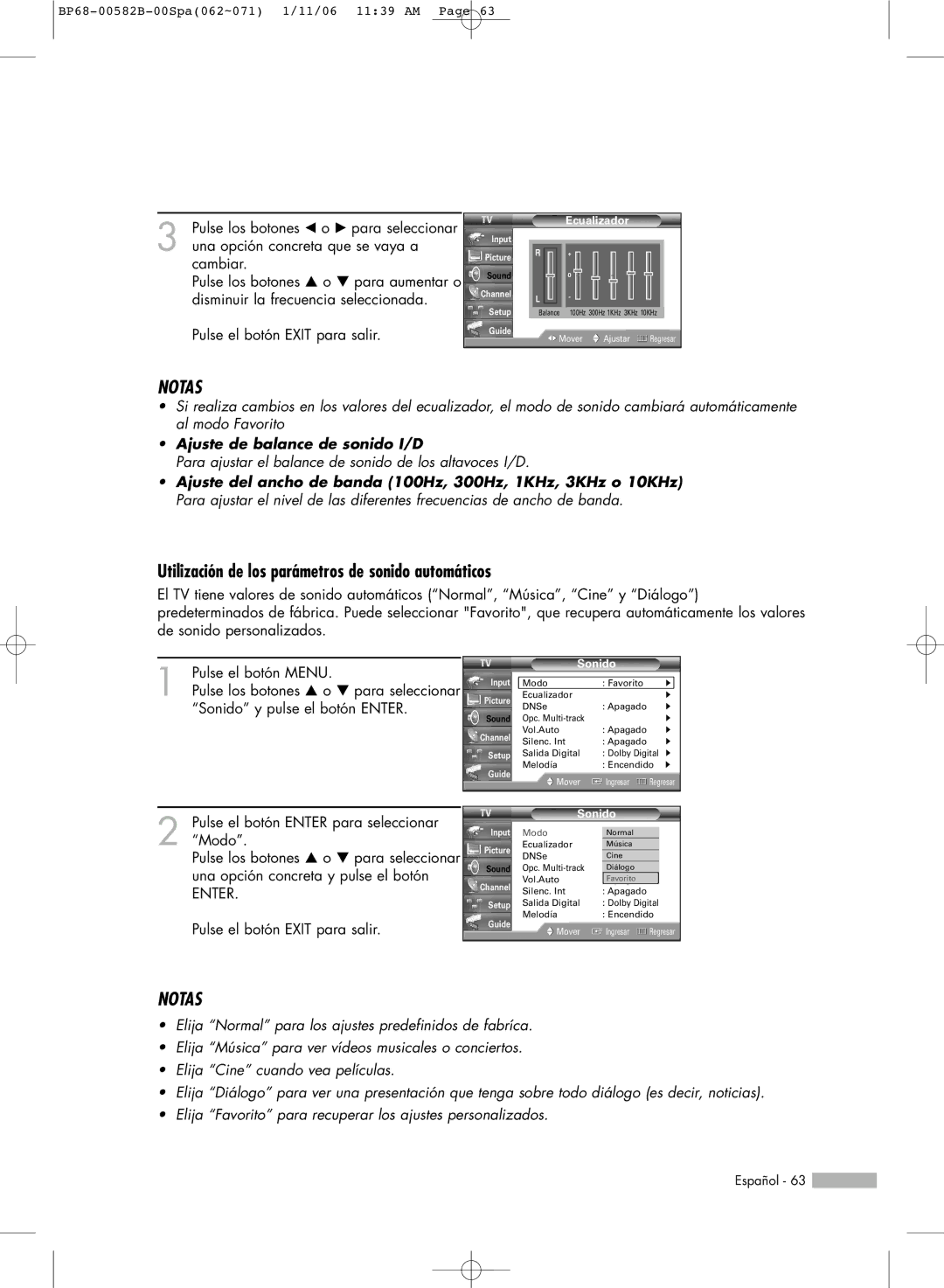 Samsung SP42L6HN, SP61L6HN, SP56L6HN, SP50L6HN, SP46L6HN Utilización de los parámetros de sonido automáticos, Ecualizador 