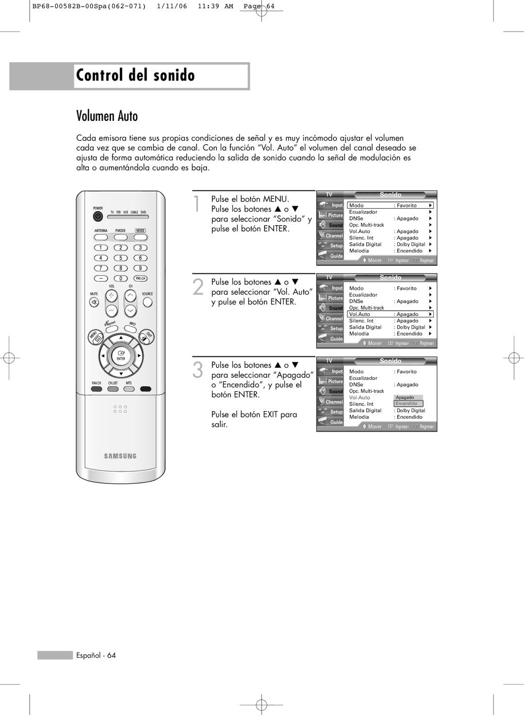 Samsung SP46L6HN, SP61L6HN, SP56L6HN, SP50L6HN, SP42L6HN manual Volumen Auto 