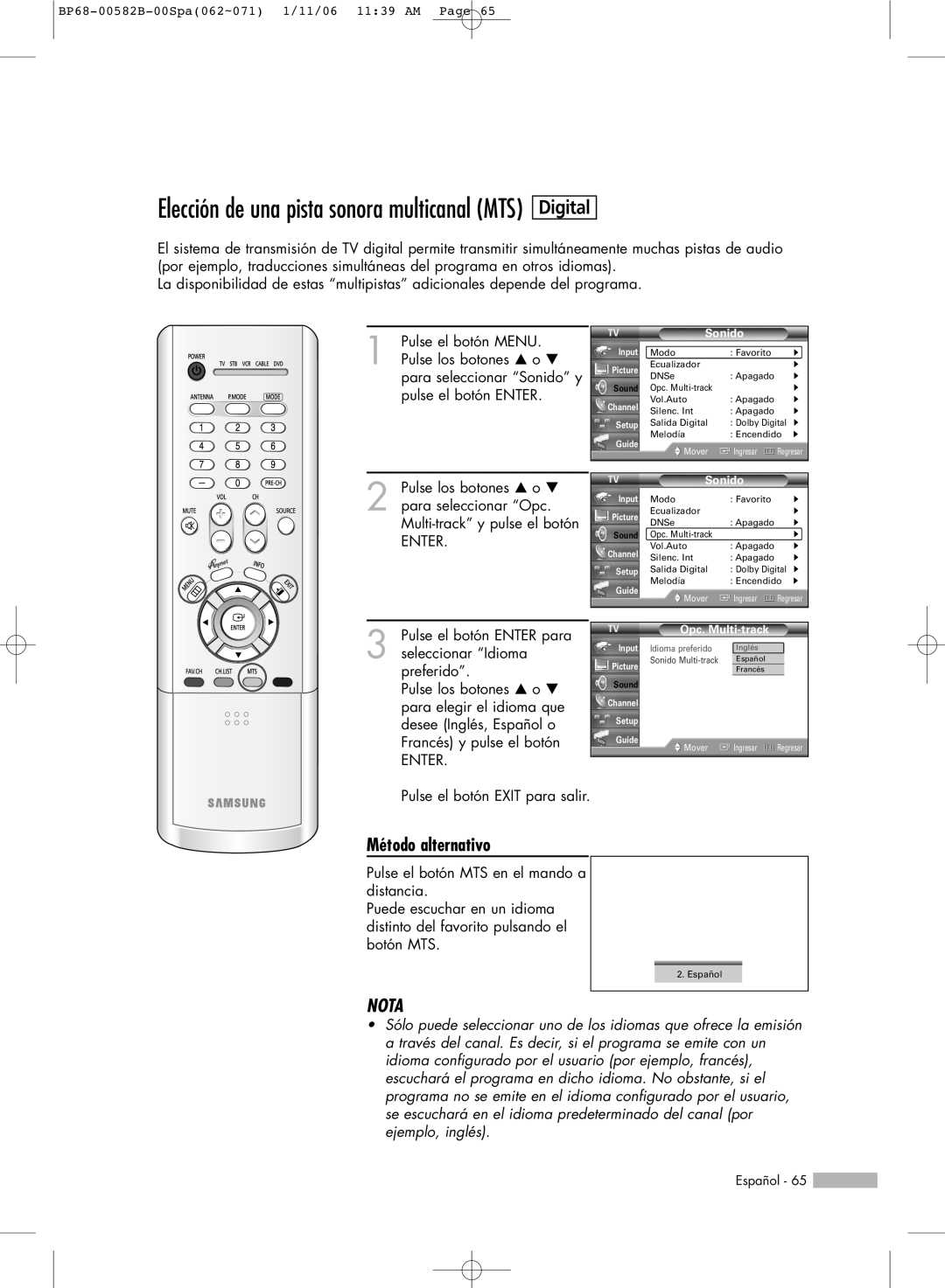 Samsung SP61L6HN, SP56L6HN, SP50L6HN, SP42L6HN, SP46L6HN manual Método alternativo, Opc. Multi-track 