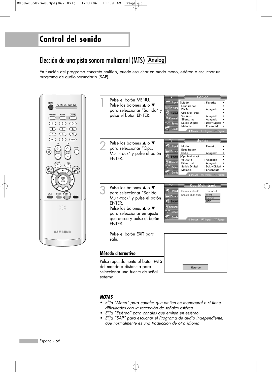 Samsung SP56L6HN, SP61L6HN, SP50L6HN, SP42L6HN, SP46L6HN manual Sonido Multi-track 