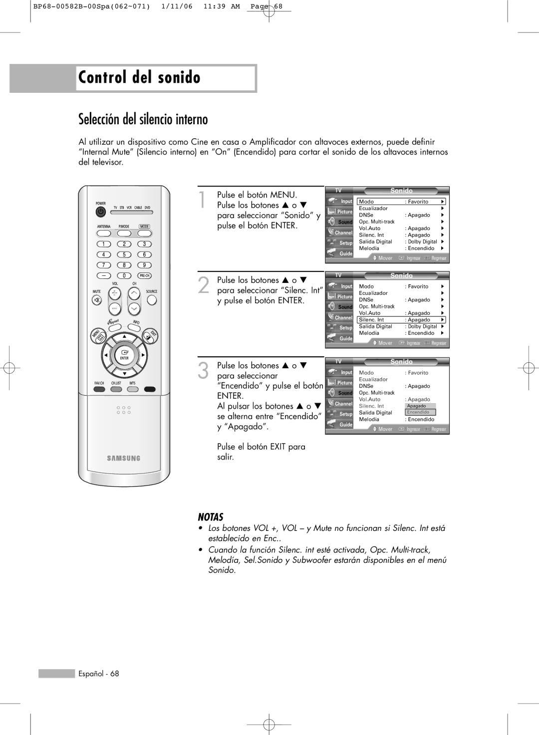 Samsung SP42L6HN, SP61L6HN, SP56L6HN, SP50L6HN, SP46L6HN manual Selección del silencio interno 