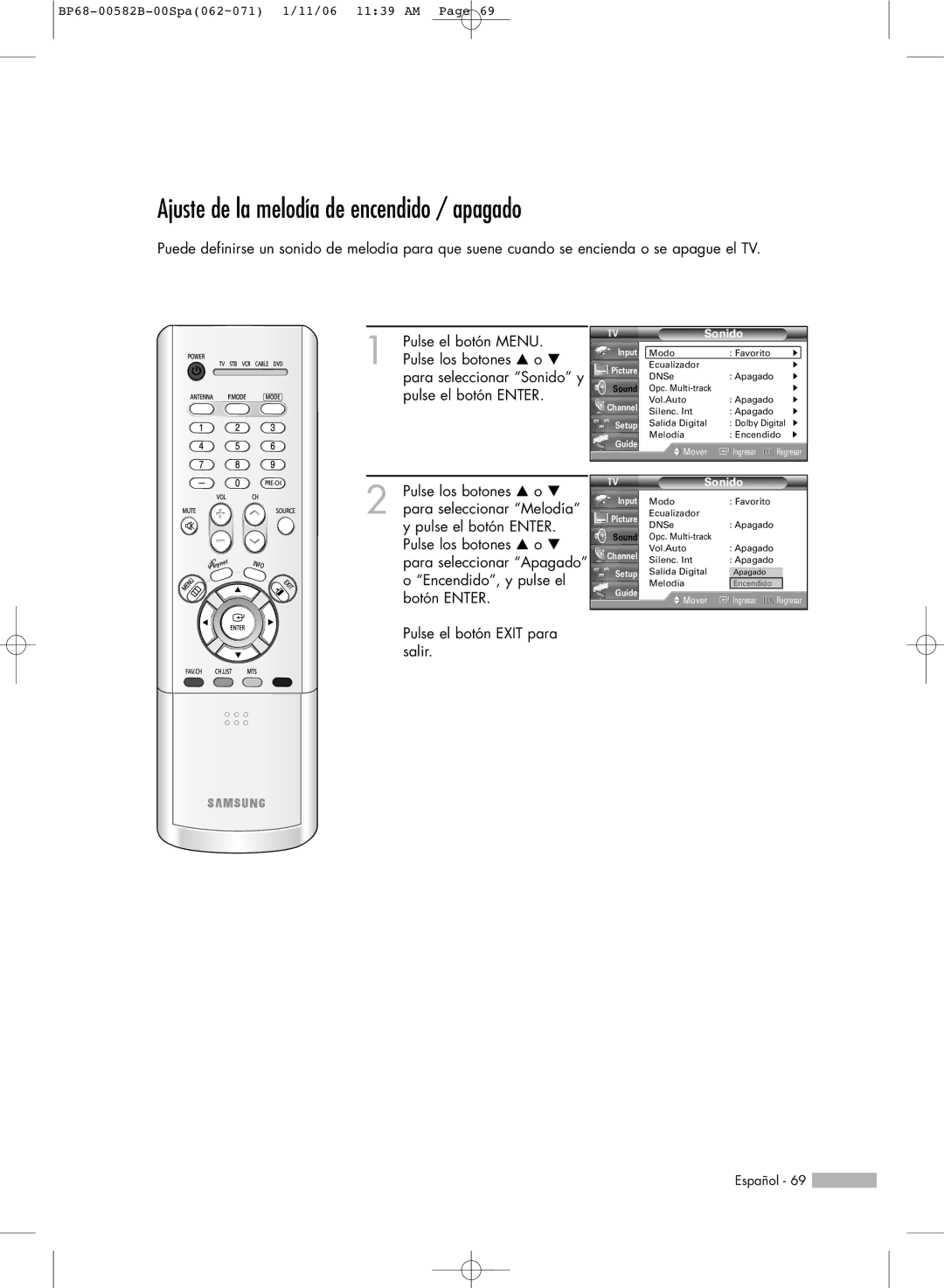 Samsung SP46L6HN, SP61L6HN, SP56L6HN, SP50L6HN, SP42L6HN manual Ajuste de la melodía de encendido / apagado 