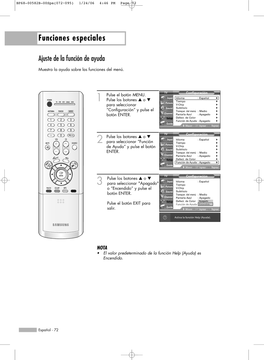 Samsung SP50L6HN, SP61L6HN, SP56L6HN, SP42L6HN, SP46L6HN manual Funciones especiales, Ajuste de la función de ayuda 