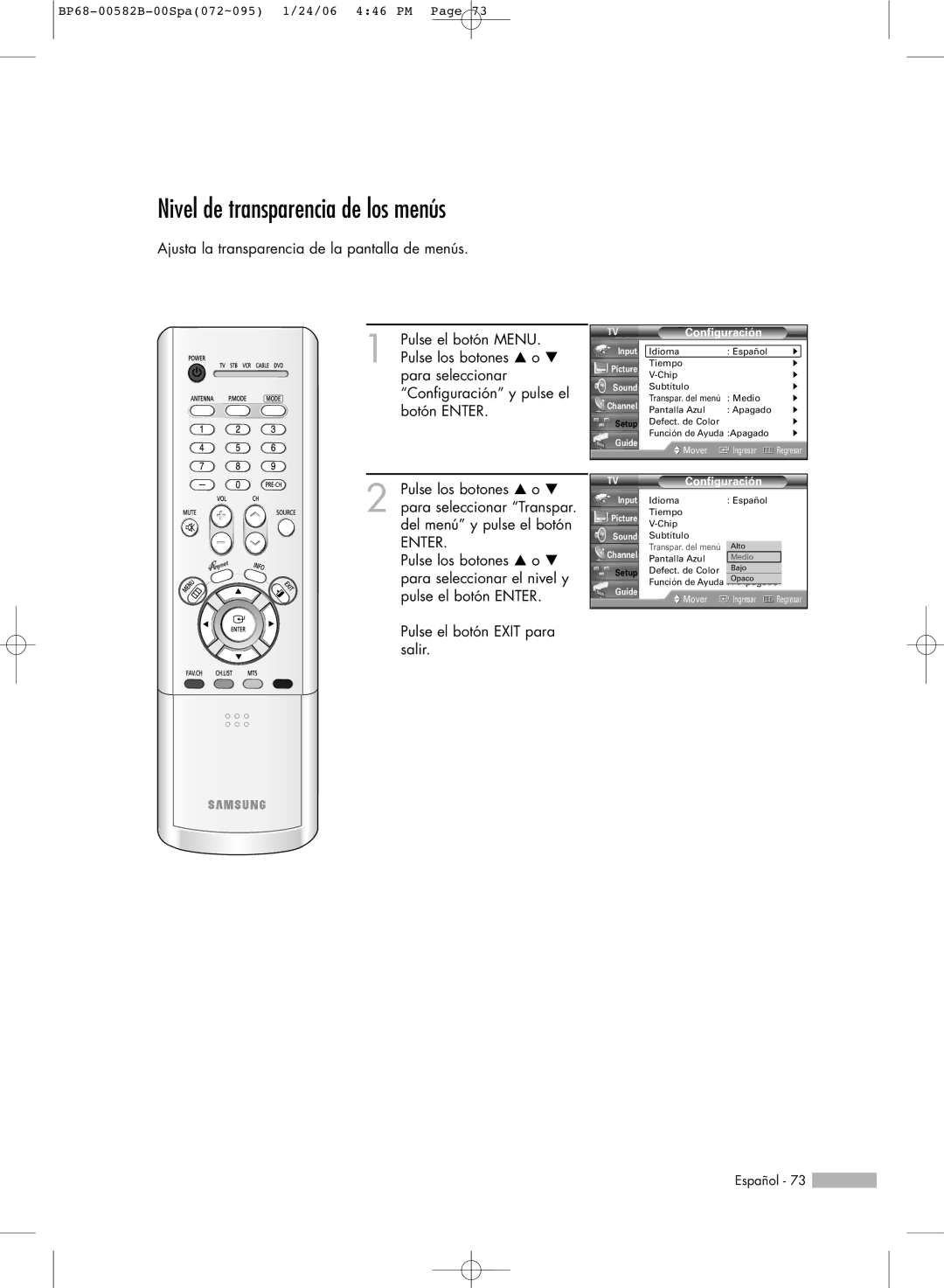 Samsung SP42L6HN, SP61L6HN, SP56L6HN, SP50L6HN, SP46L6HN manual Nivel de transparencia de los menús 