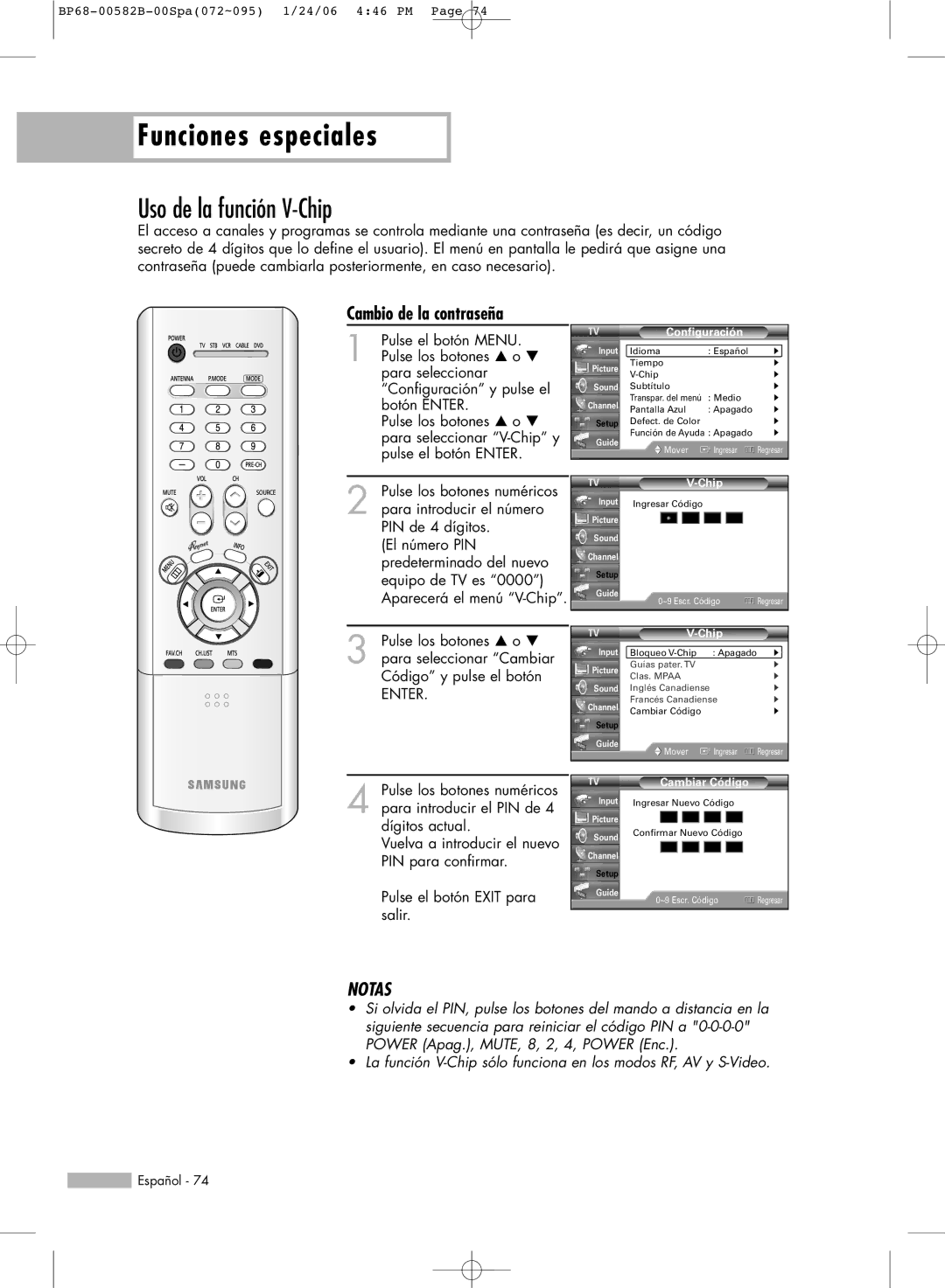 Samsung SP46L6HN, SP61L6HN, SP56L6HN, SP50L6HN, SP42L6HN Uso de la función V-Chip, Cambio de la contraseña, Cambiar Código 