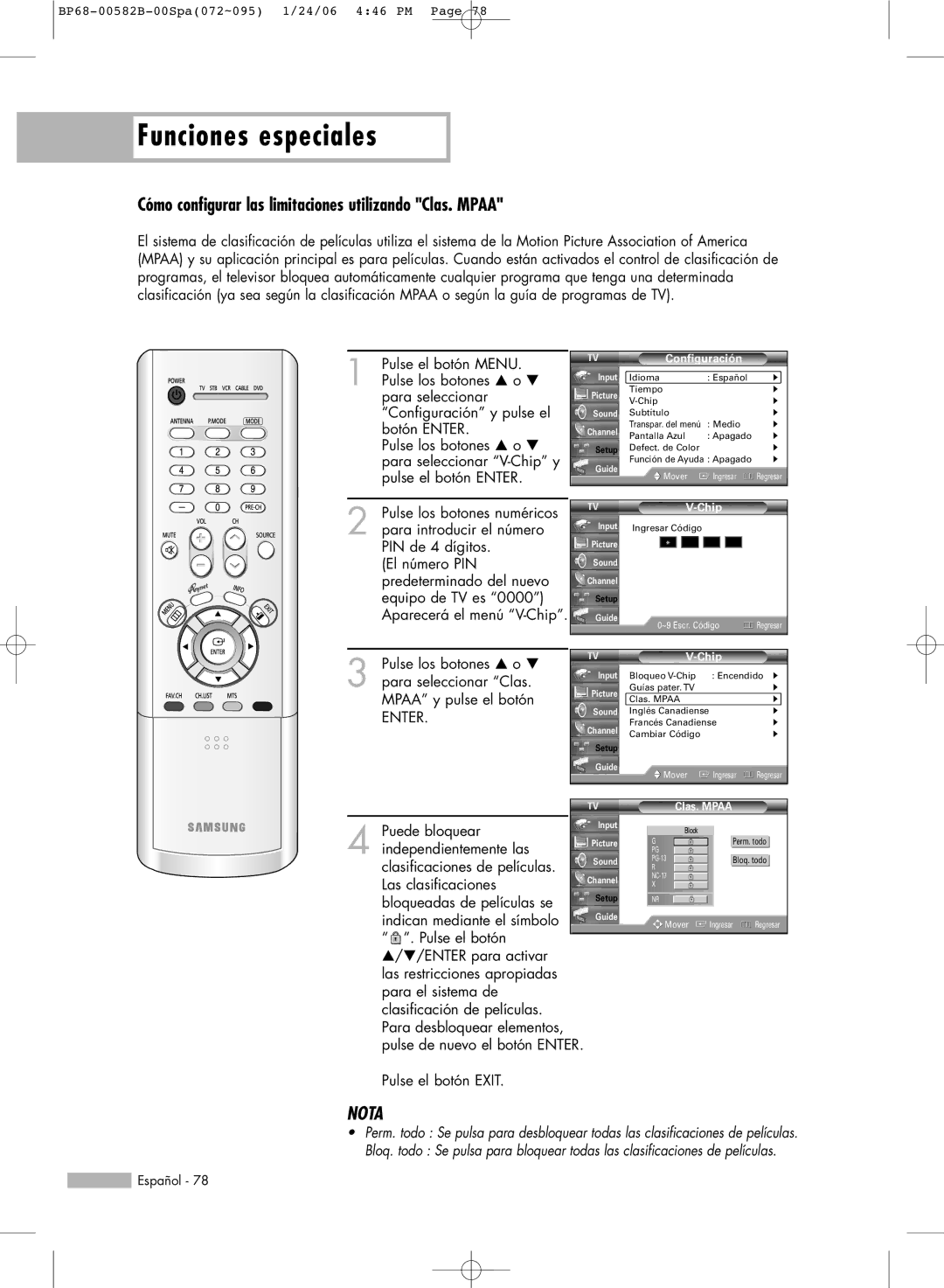 Samsung SP42L6HN, SP61L6HN, SP56L6HN, SP50L6HN, SP46L6HN manual Cómo configurar las limitaciones utilizando Clas. Mpaa 